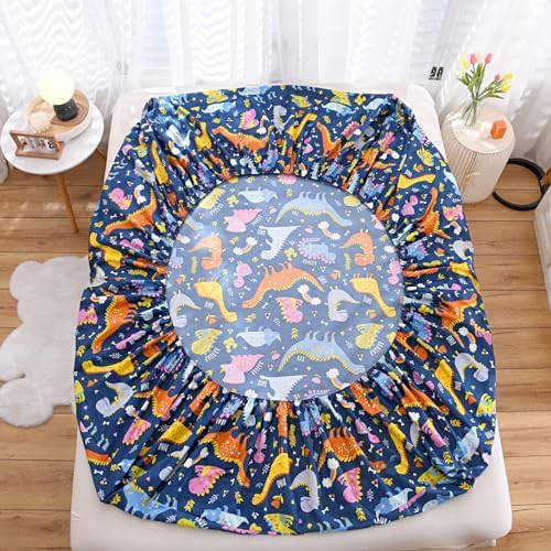 NATURETY Bed Fitted Sheet Twin Dino Printed Navy Blue