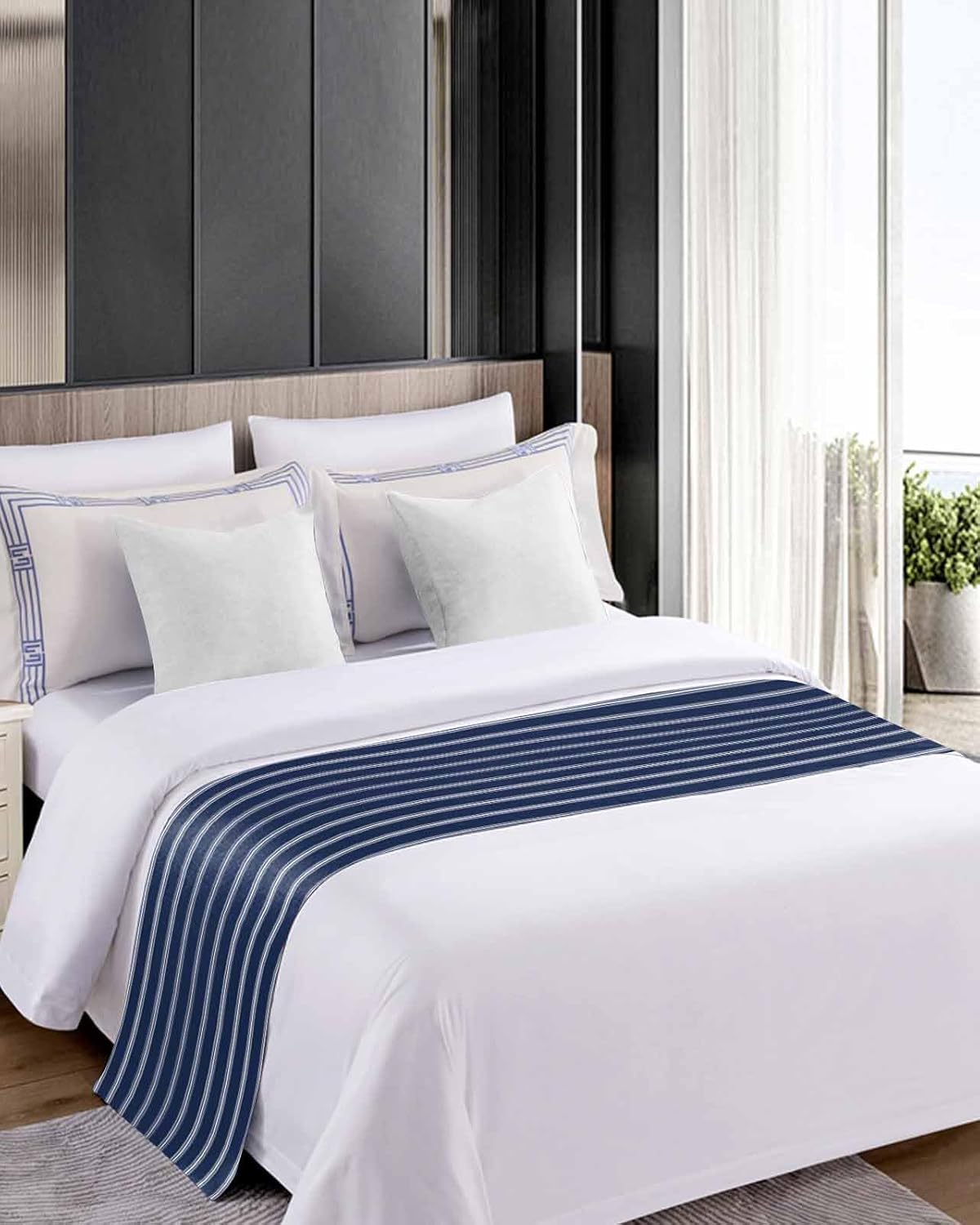 Navy Blue Striped Bed Runner Queen Size Decor