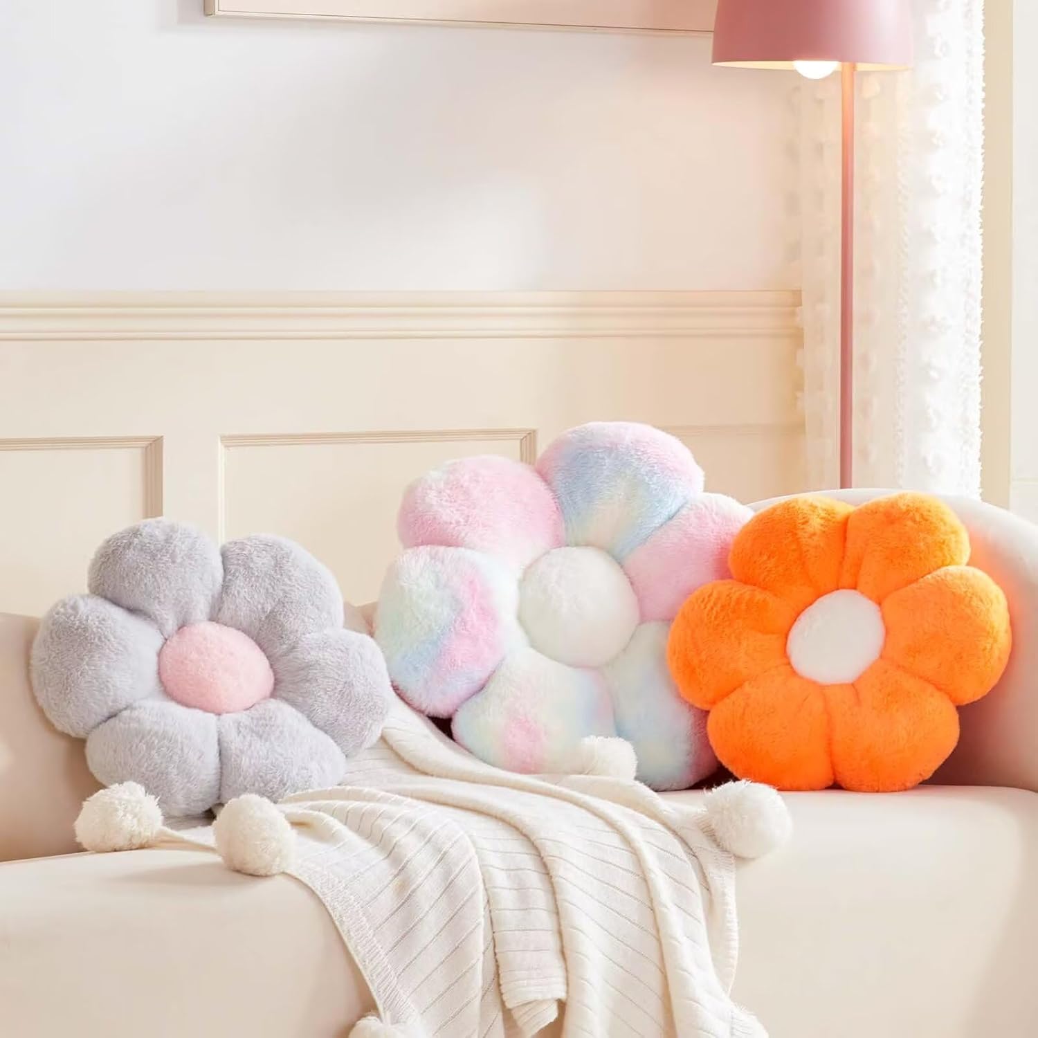 Cute Rainbow Flower Pillow with Faux Rabbit Fur