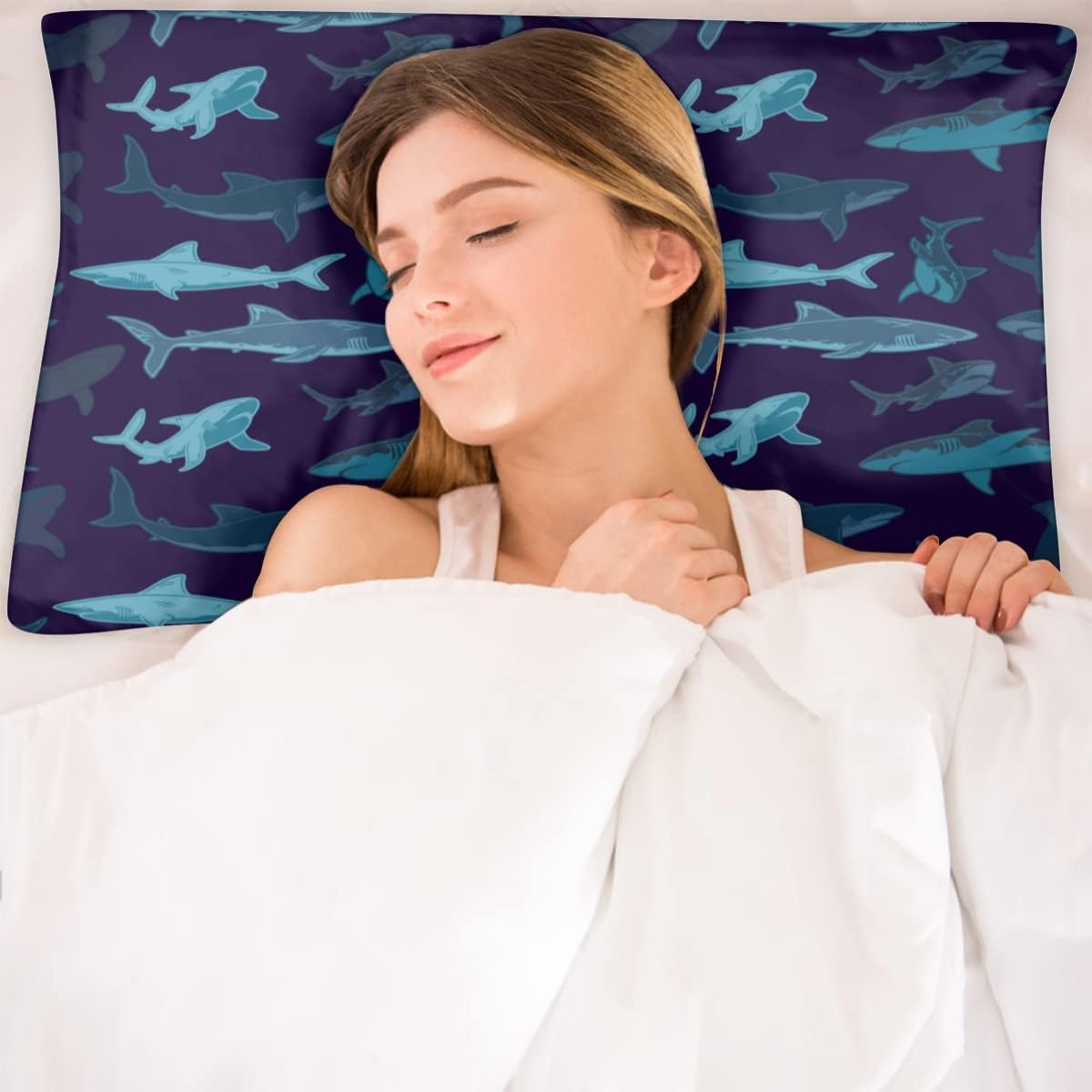 YoCosy Silk Satin Pillowcase with Zipper Navy Ocean Shark Print 1