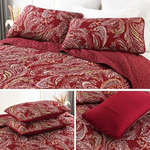WONGS BEDDING Boho Quilt Set King 3 Piece Red Paisley