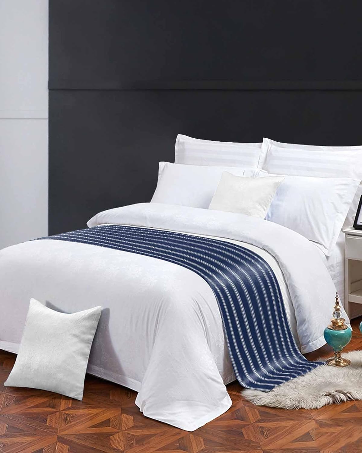 Navy Blue Striped Bed Runner Queen Size Decor