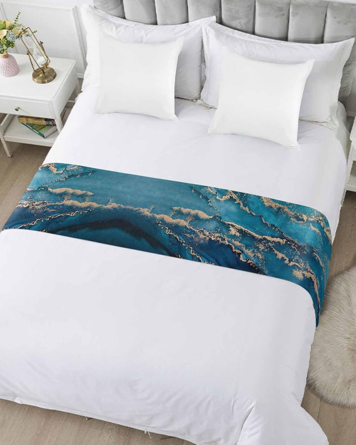 Homechoid Marble Blue Bed Runner for King Size Bed