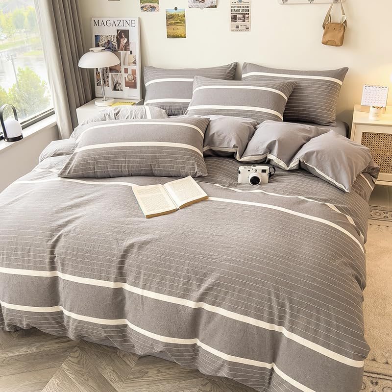 DCSKY Duvet Cover Set 3PCS Washed Cotton Striped Comforter