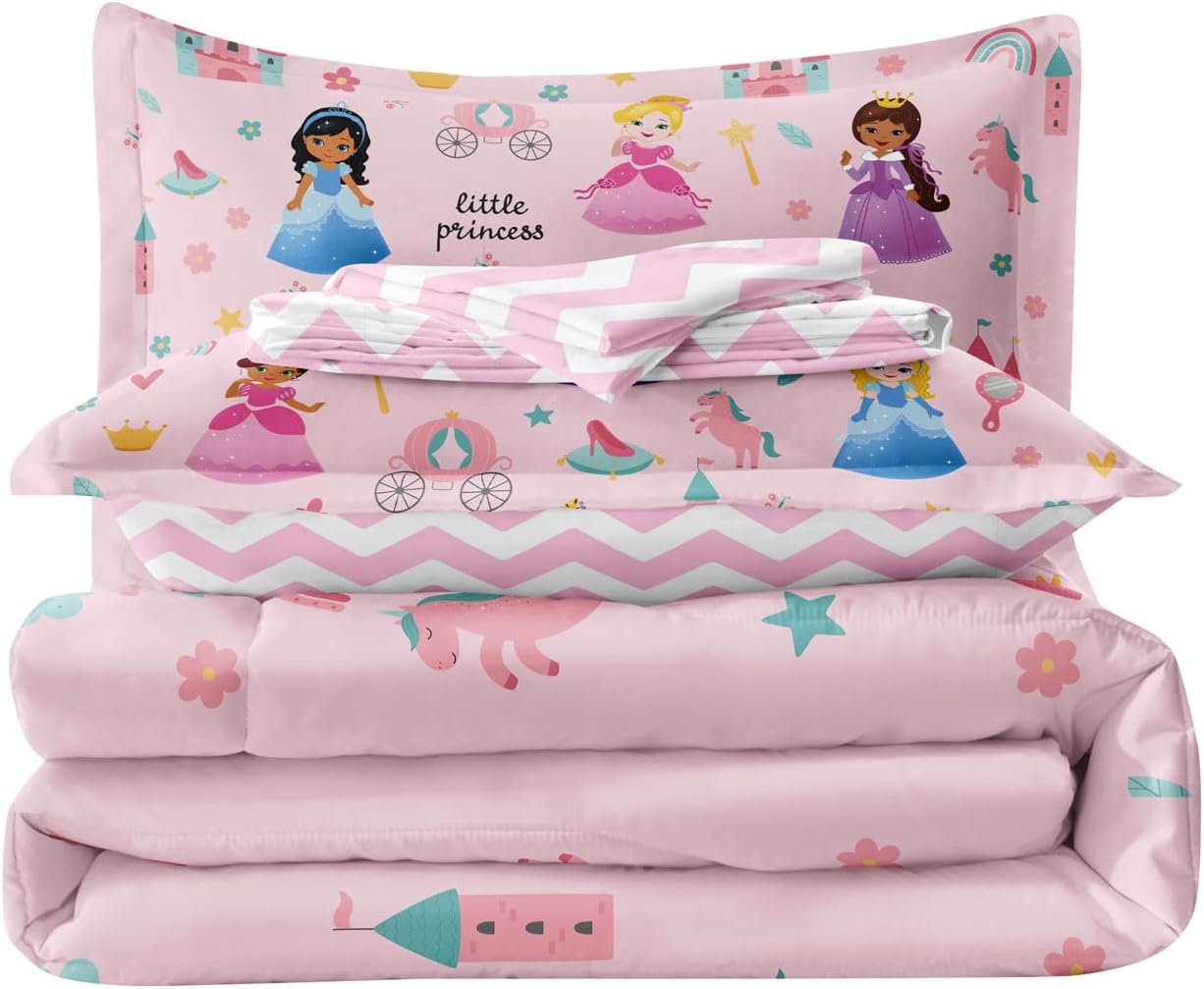 Kids Pink Princess Comforter Set Twin Bed in a Bag 5 Piece