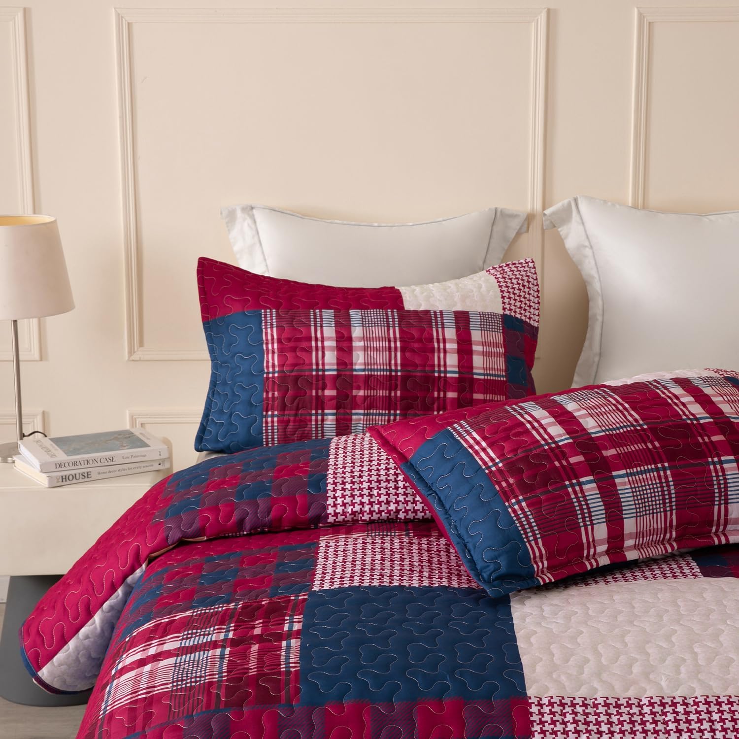 DURLENGEN Boho Quilt Set Queen 3Pcs with Red Navy Patchwork