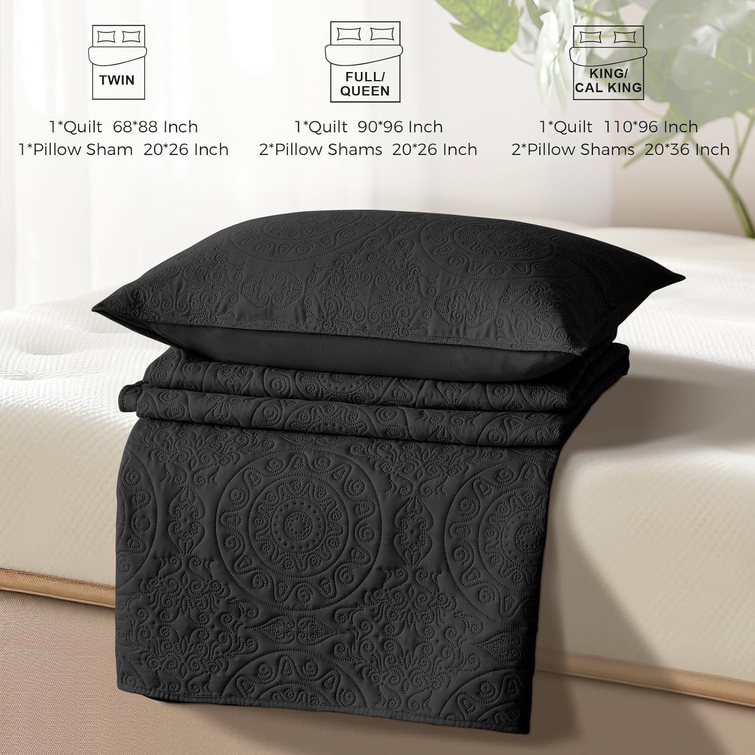 WURUIBO Black Quilt Set Queen Size Bedding