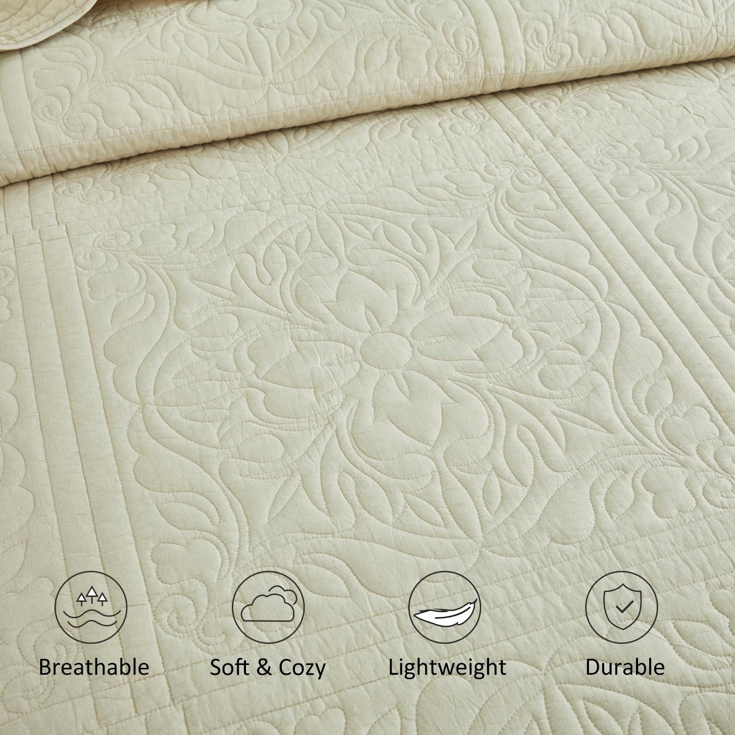 WINLIFE 100 Cotton Quilt Set Full Queen 90x98 Inch Beige