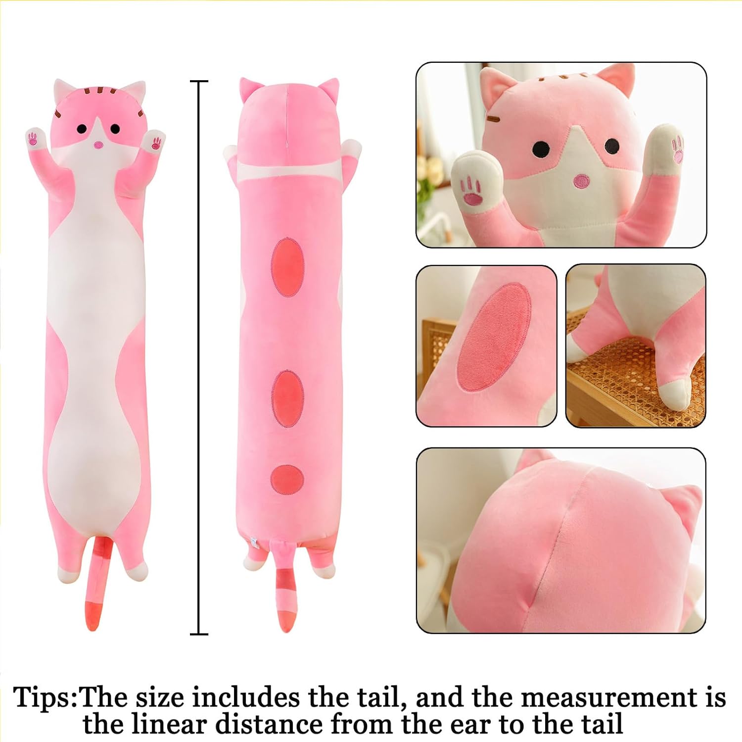 Somao Long Cat Plush Pillow - 90cm Pink Throw Pillow for Kids