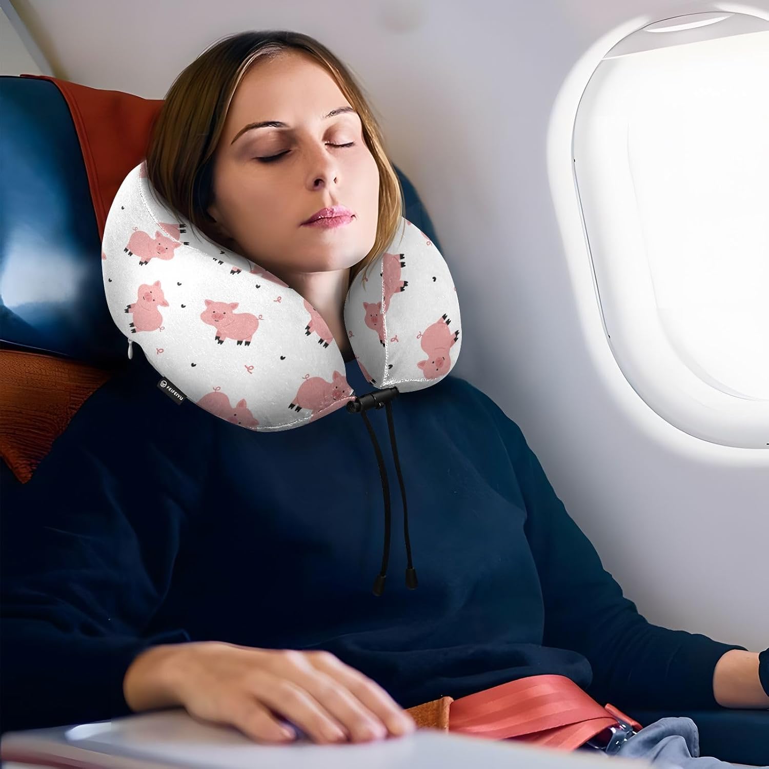 Cute Pig Cartoon Travel Neck Pillow with Storage Bag