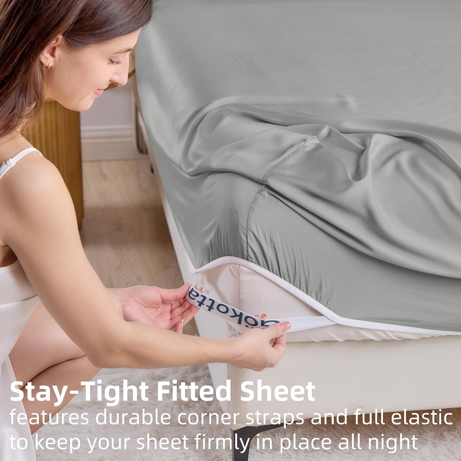 GOKOTTA Bamboo Rayon Fitted Sheet Set with 4 Elastic Straps