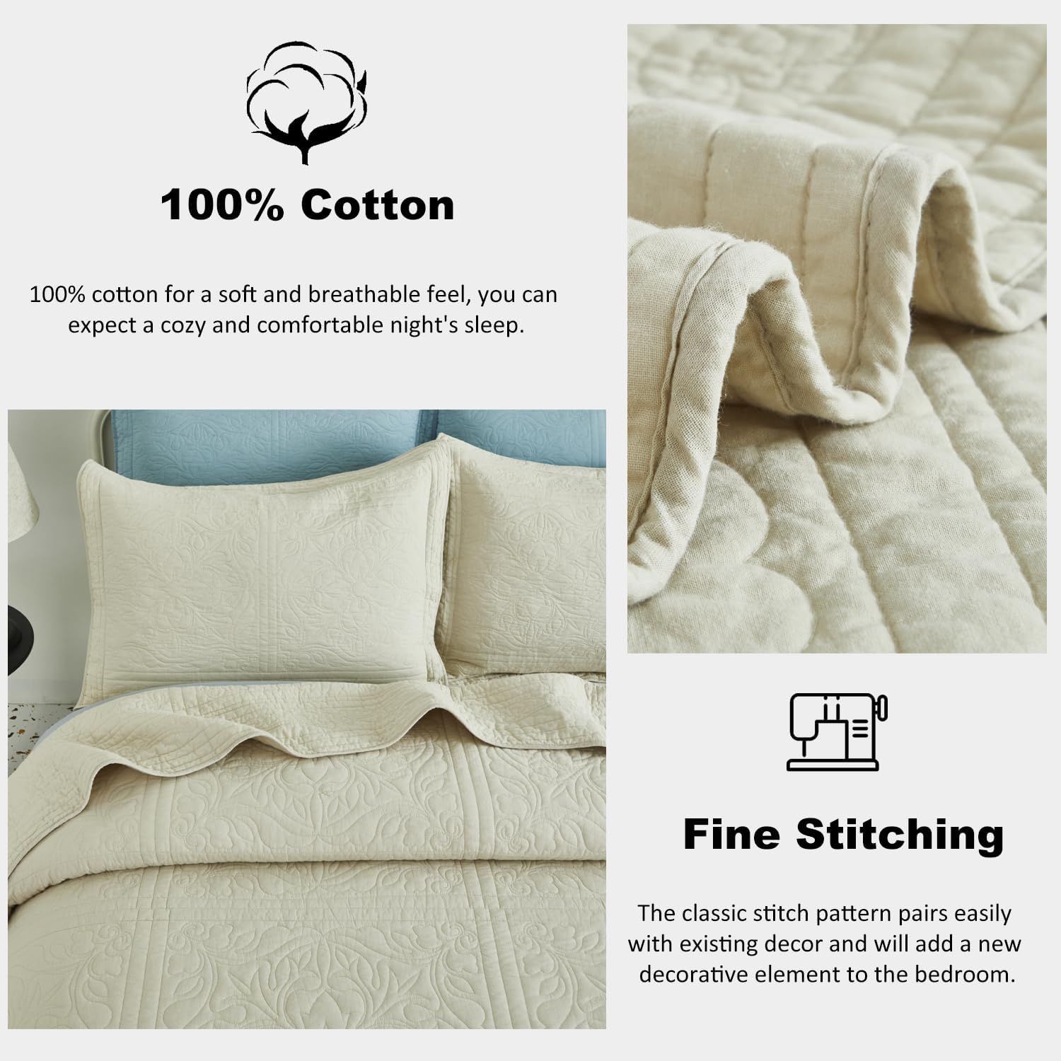 WINLIFE 100 Cotton Quilt Set Full Queen 90x98 Inch Beige