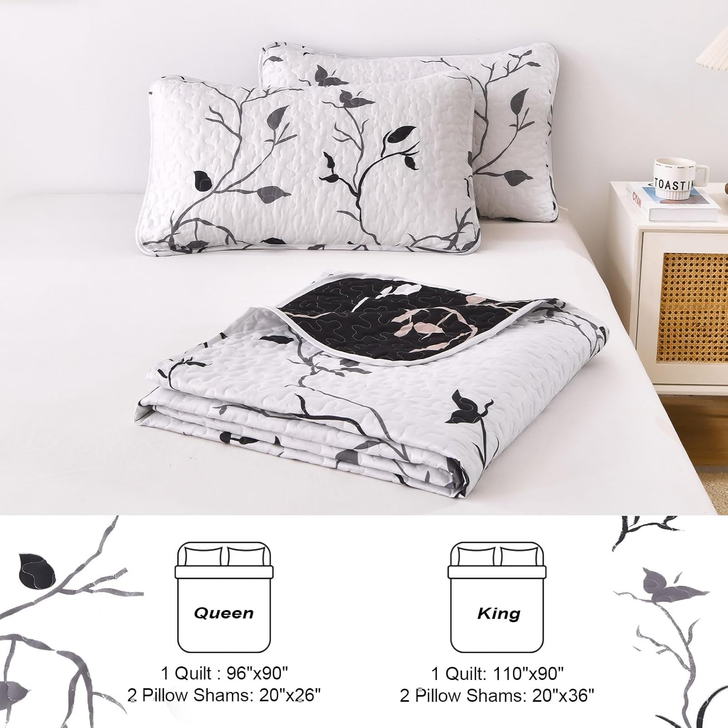 DJY Reversible Floral Quilt Set 3 Piece King Size