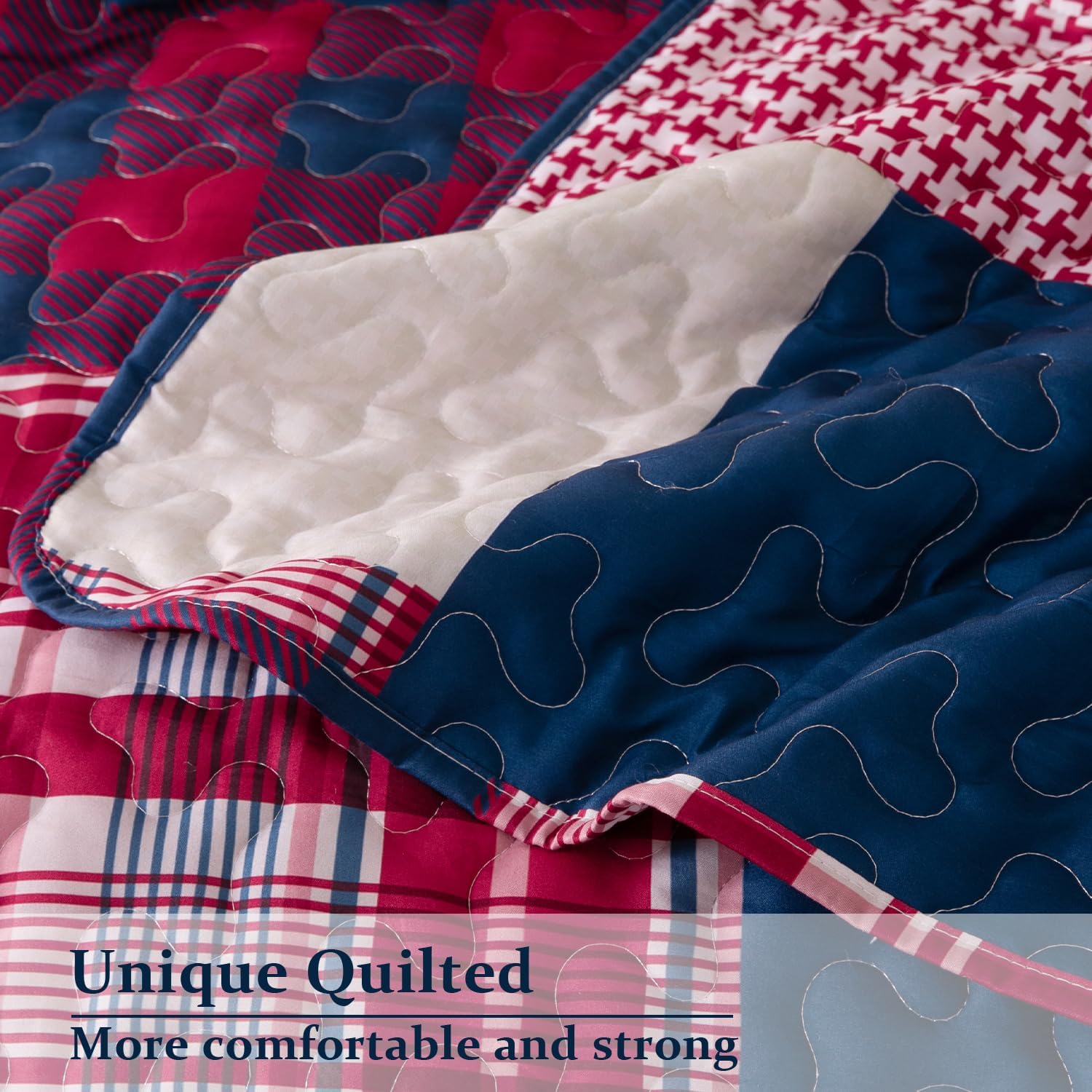 DURLENGEN Boho Quilt Set Queen 3Pcs with Red Navy Patchwork