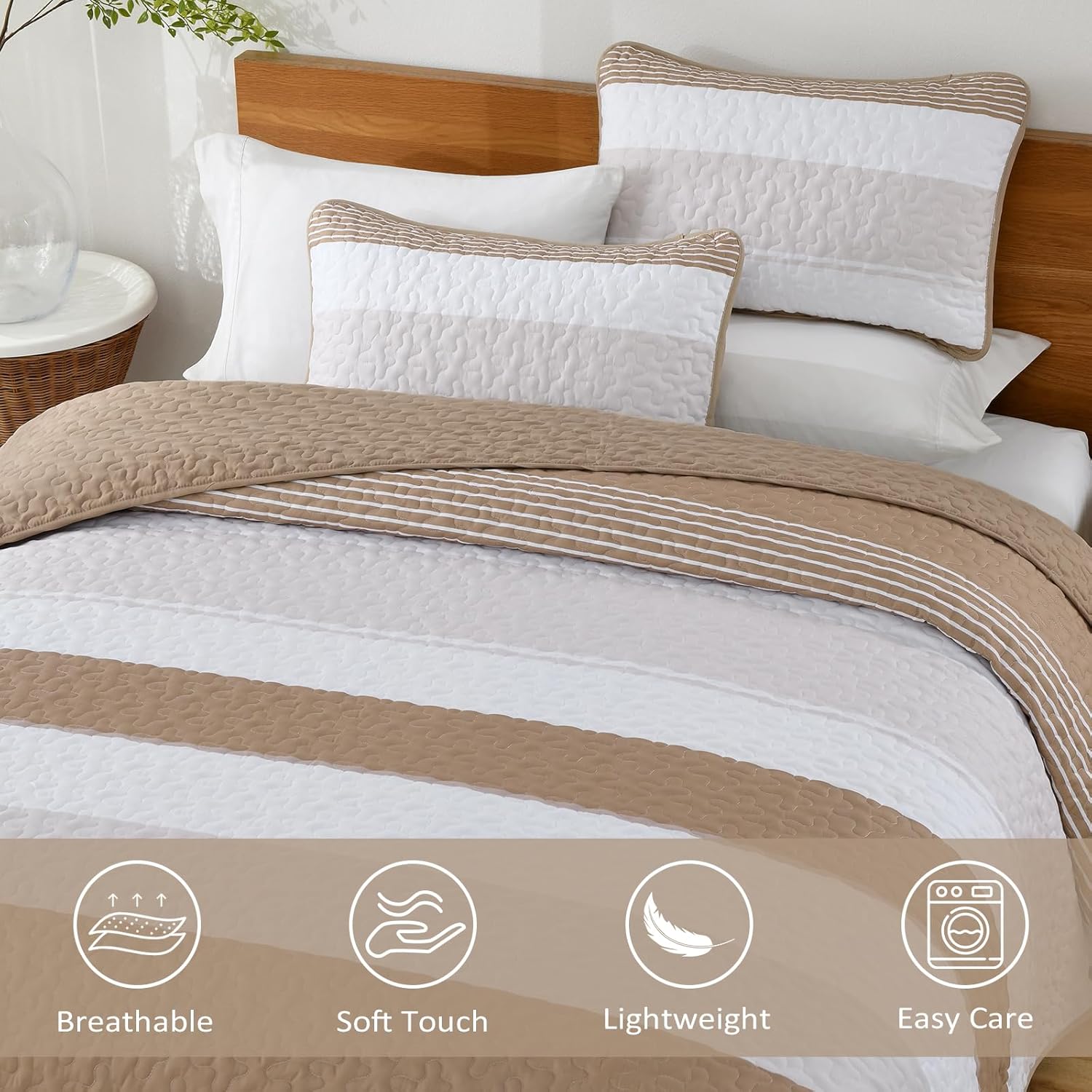 Dinjoy Boho Taupe Quilt Set Queen Size 3 Pieces