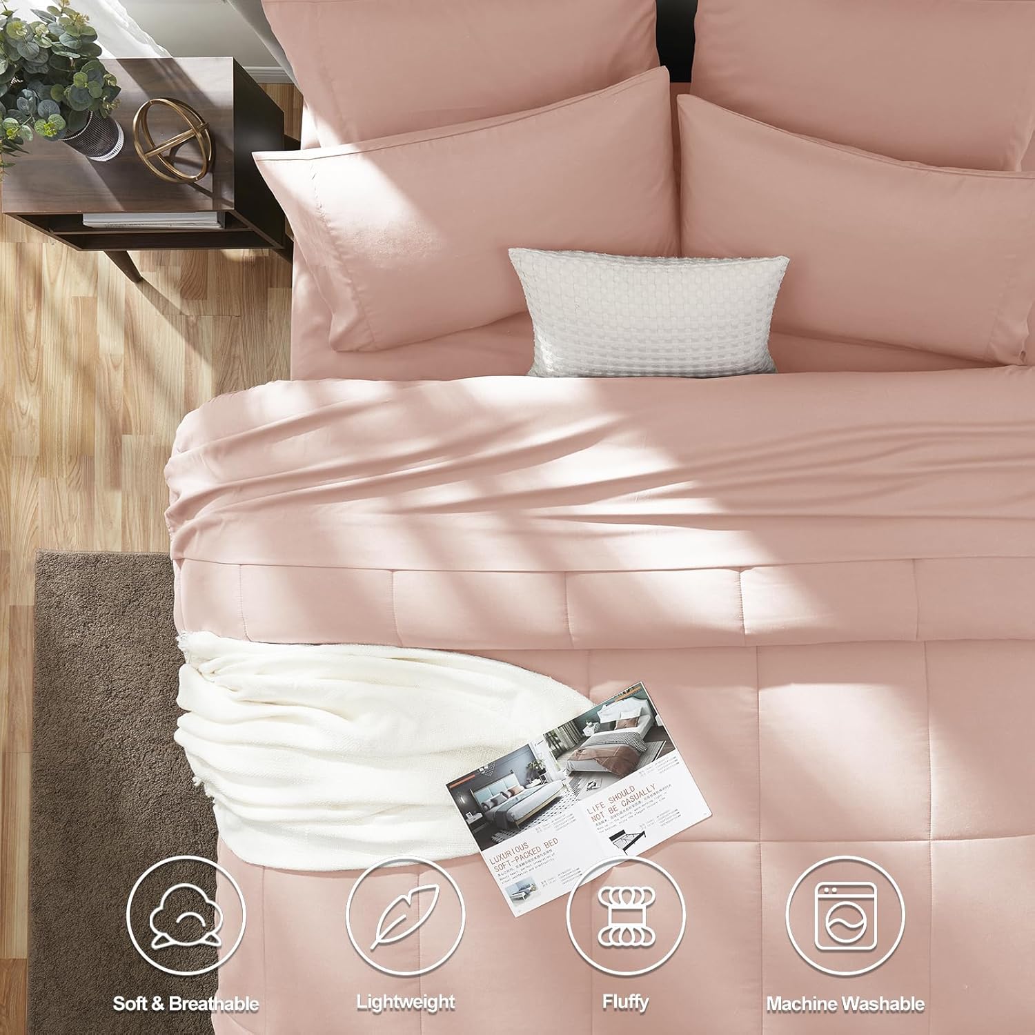 CozyLux Pink Comforter Set Queen - 7 Piece Bed in a Bag