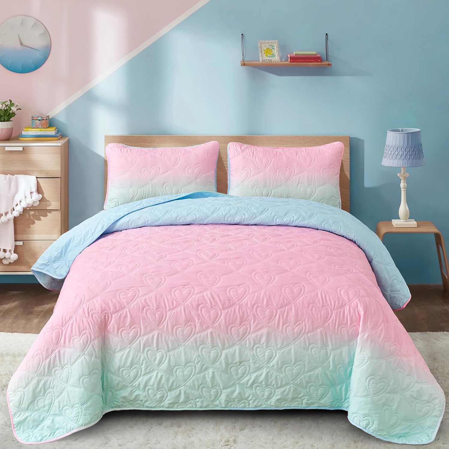 Xruibed Pink Ombre Quilt Set Queen 3PCS Summer Use