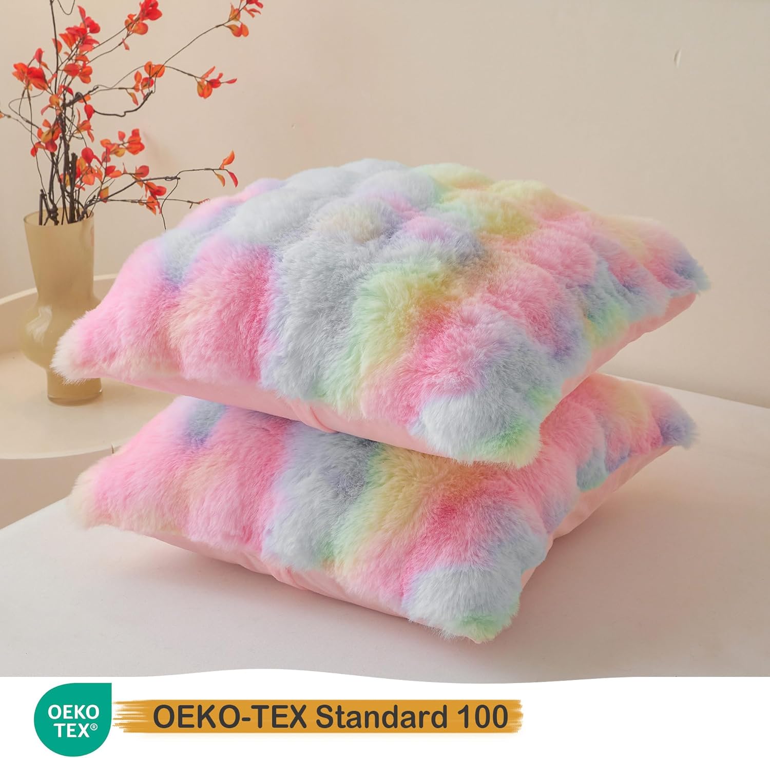 LIFEREVO Fluffy Faux Rabbit Fur Pillow Covers Set of 2
