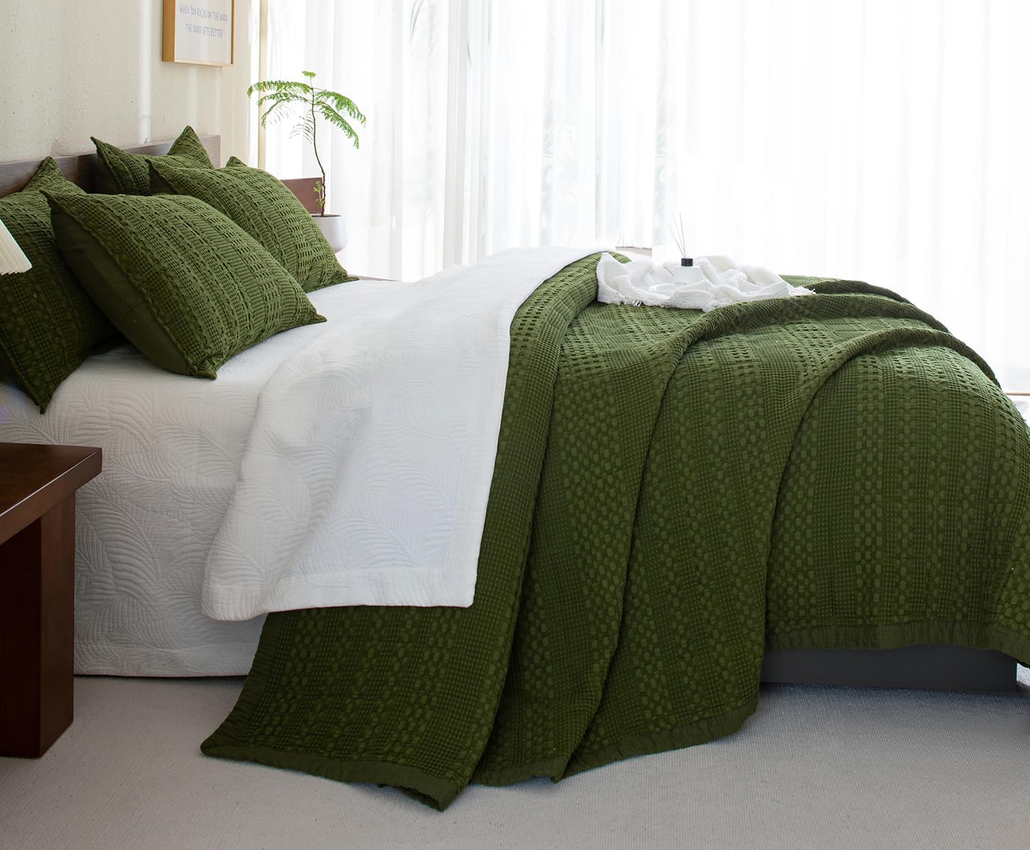 CozyTide Queen Quilt Set 3 Pieces Olive Green Waffle Weave