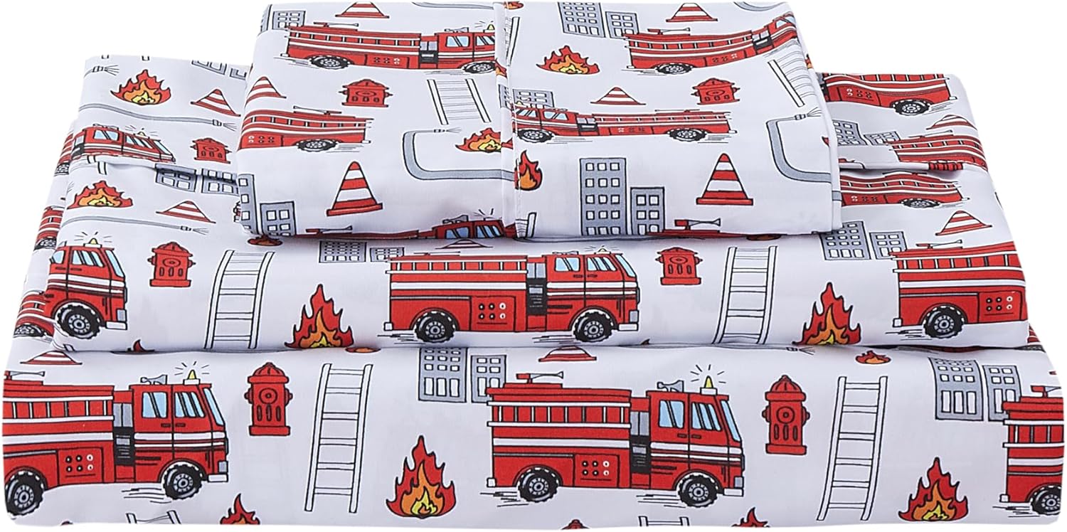 3 Piece Fire Engine Print Twin Bed Sheet Set for Kids