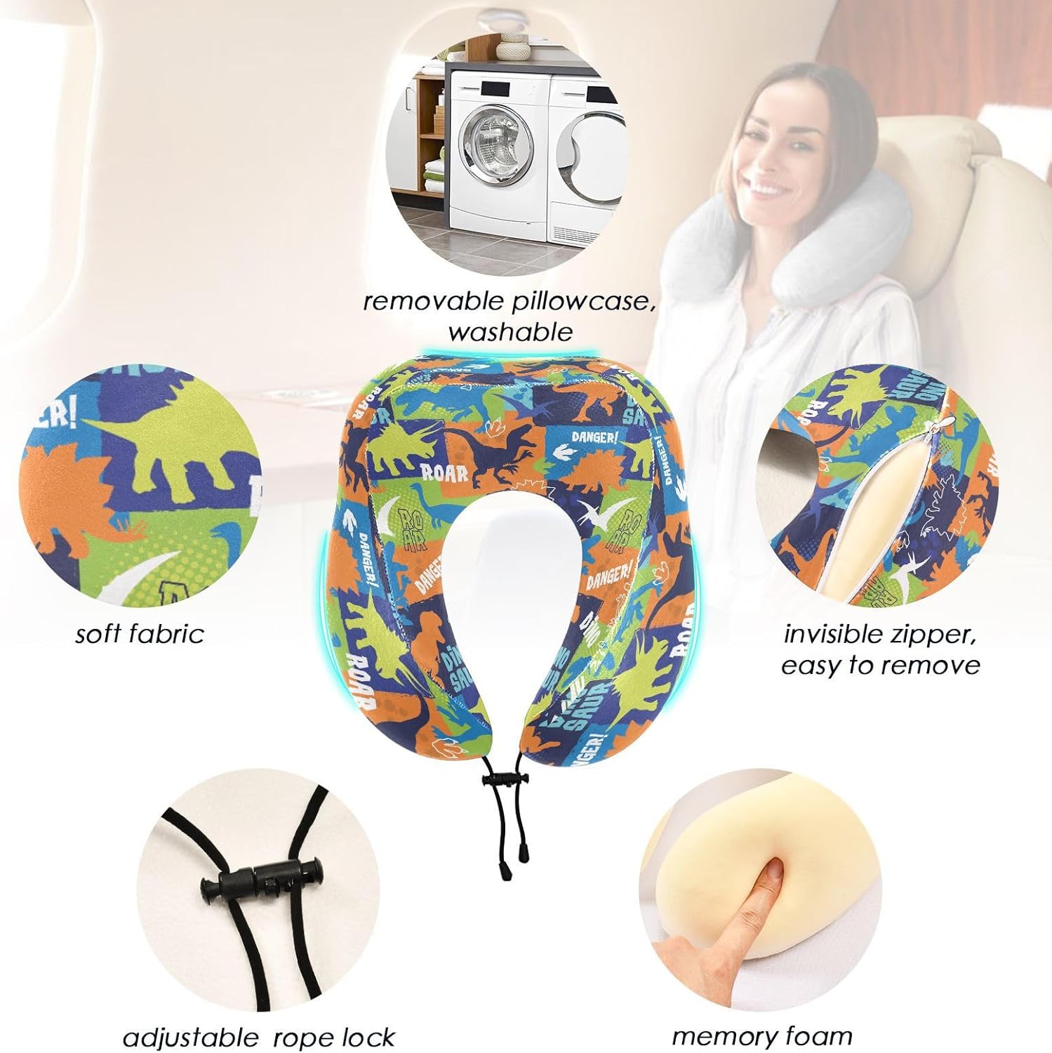 Sletend Bright Dinosaurs Travel Neck Pillow for Adults Kids