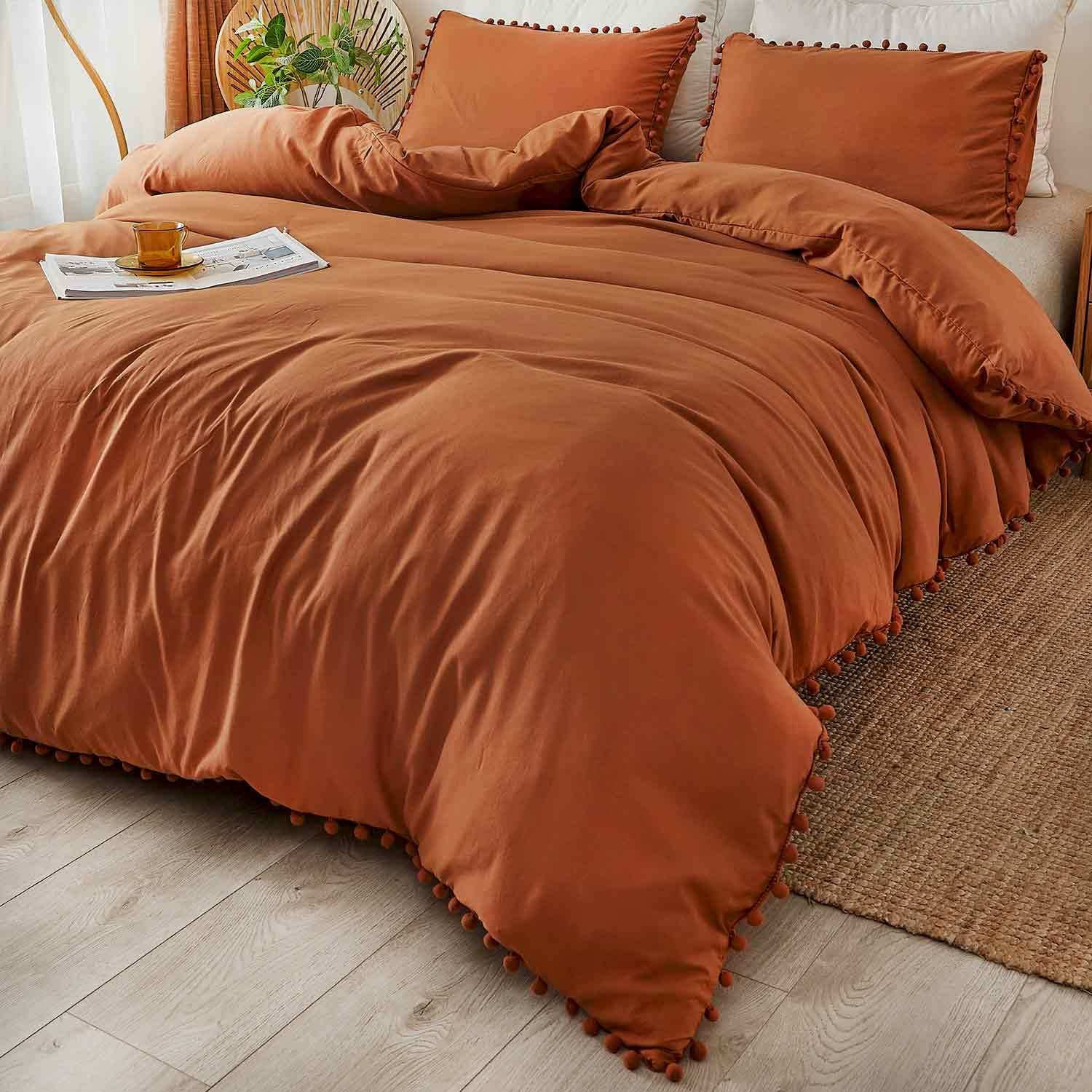 ETDIFFE Burnt Orange Duvet Cover Set Queen Size 3pc