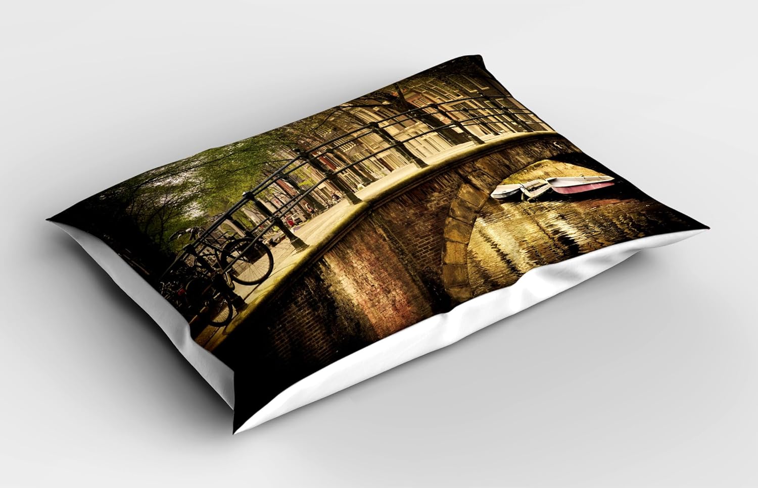 Ambesonne Landscape Pillow Sham Set of 2 Romantic Bridge Over Canal Amsterdam Cream
