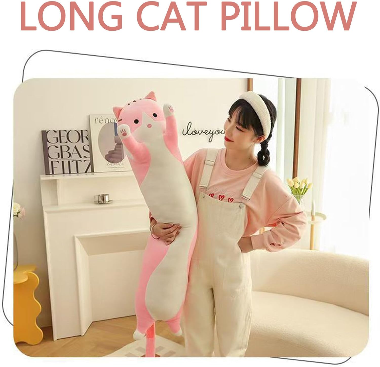 Somao Long Cat Plush Pillow - 90cm Pink Throw Pillow for Kids