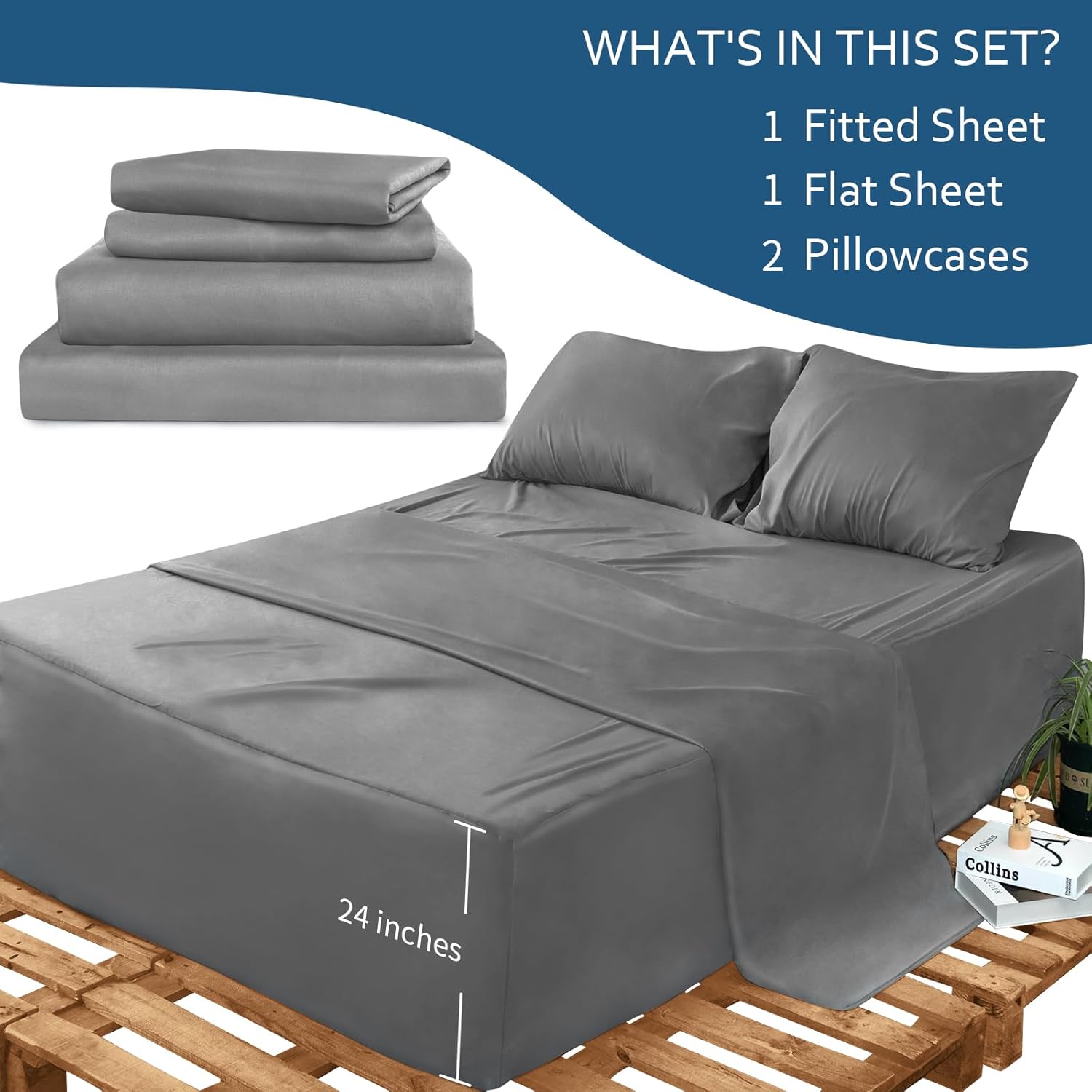 Moonsea Deep Pocket Twin Sheet Set for Air Mattress - 4 Piece Grey