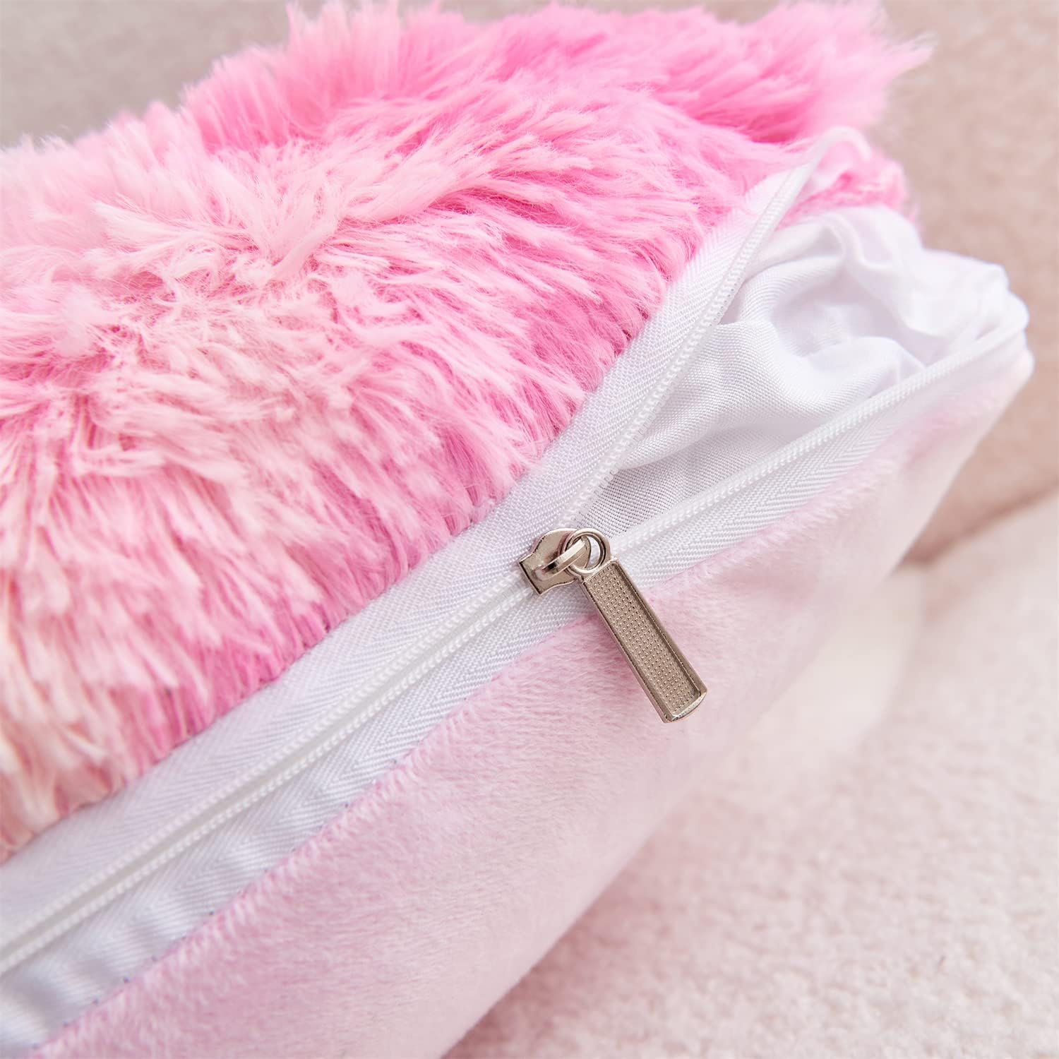 MOOWOO Fluffy Heart Pillow Rainbow Faux Fur Throw Decor 40x40cm