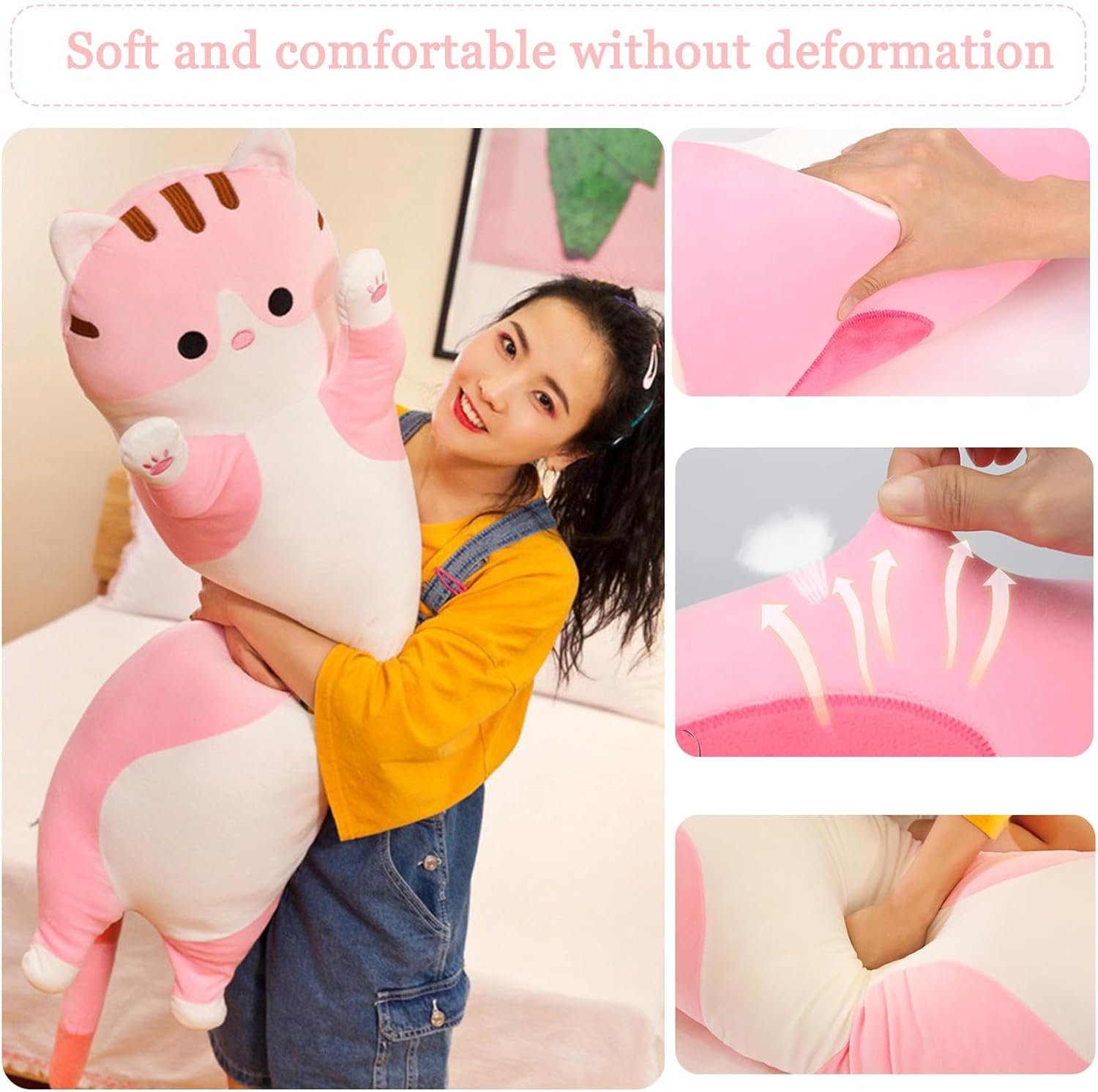 Somao Long Cat Plush Pillow - 90cm Pink Throw Pillow for Kids