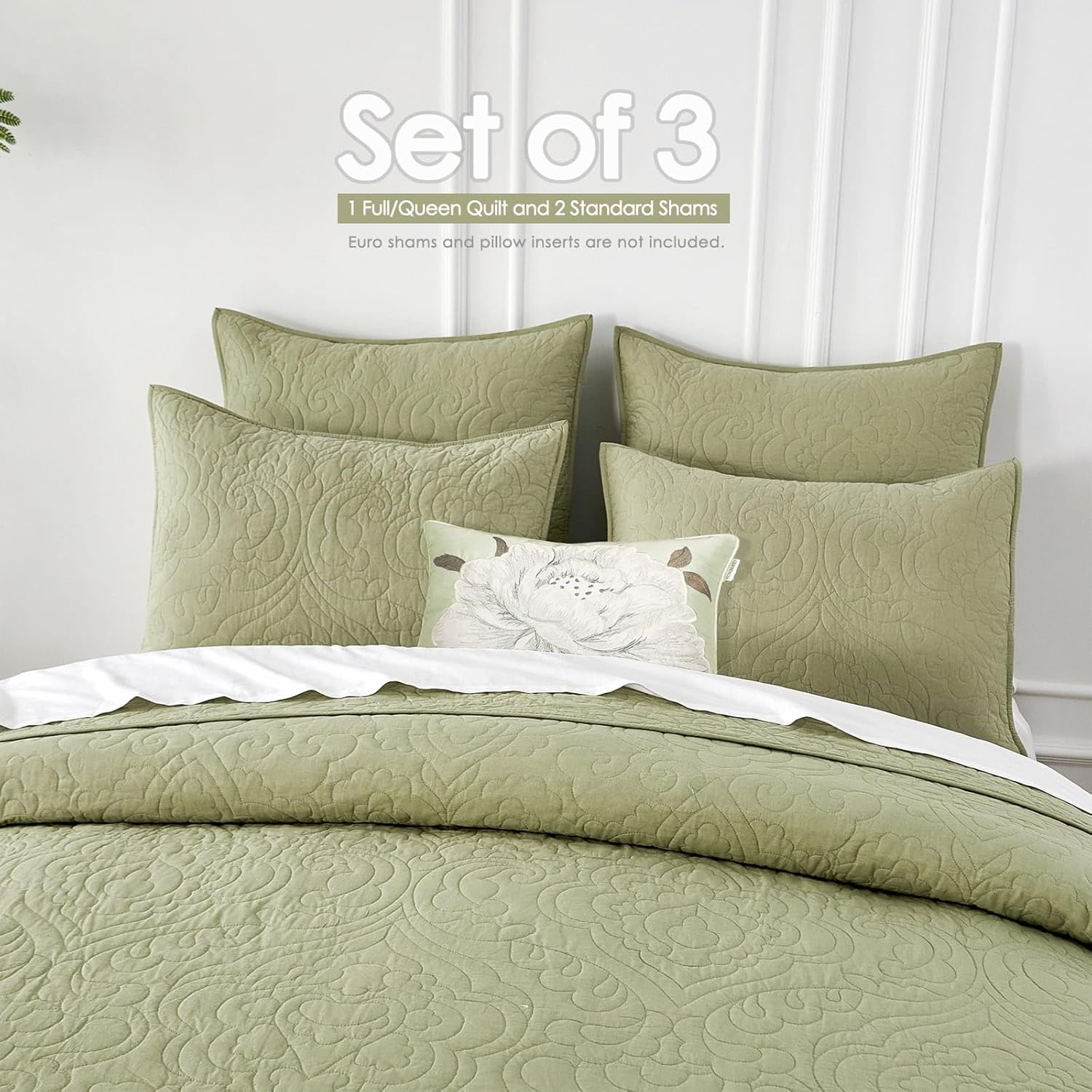 Querencia 100 Cotton Queen Quilt Set - Sage Green Paisley Pattern 3 Pieces