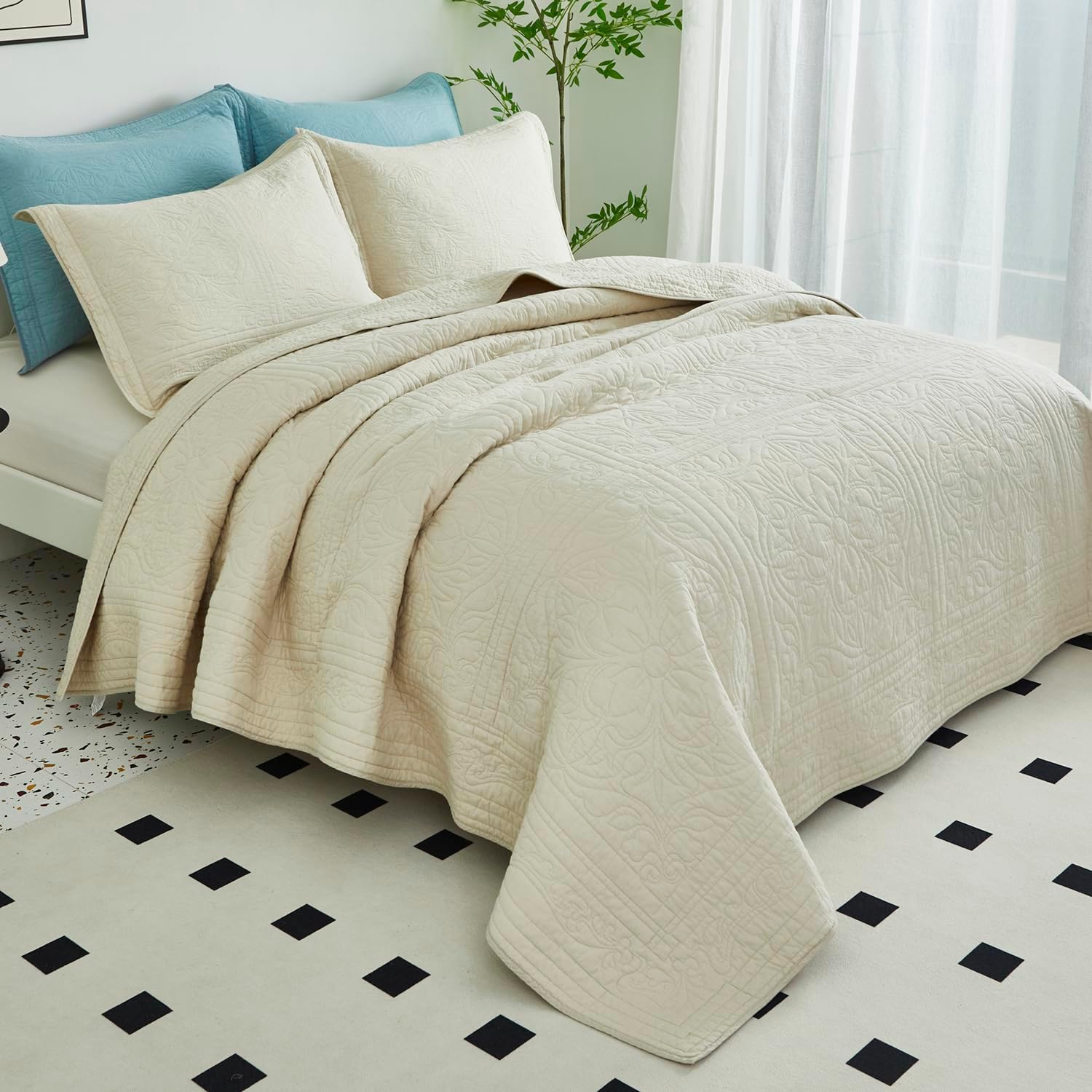 WINLIFE 100 Cotton Quilt Set Full Queen 90x98 Inch Beige