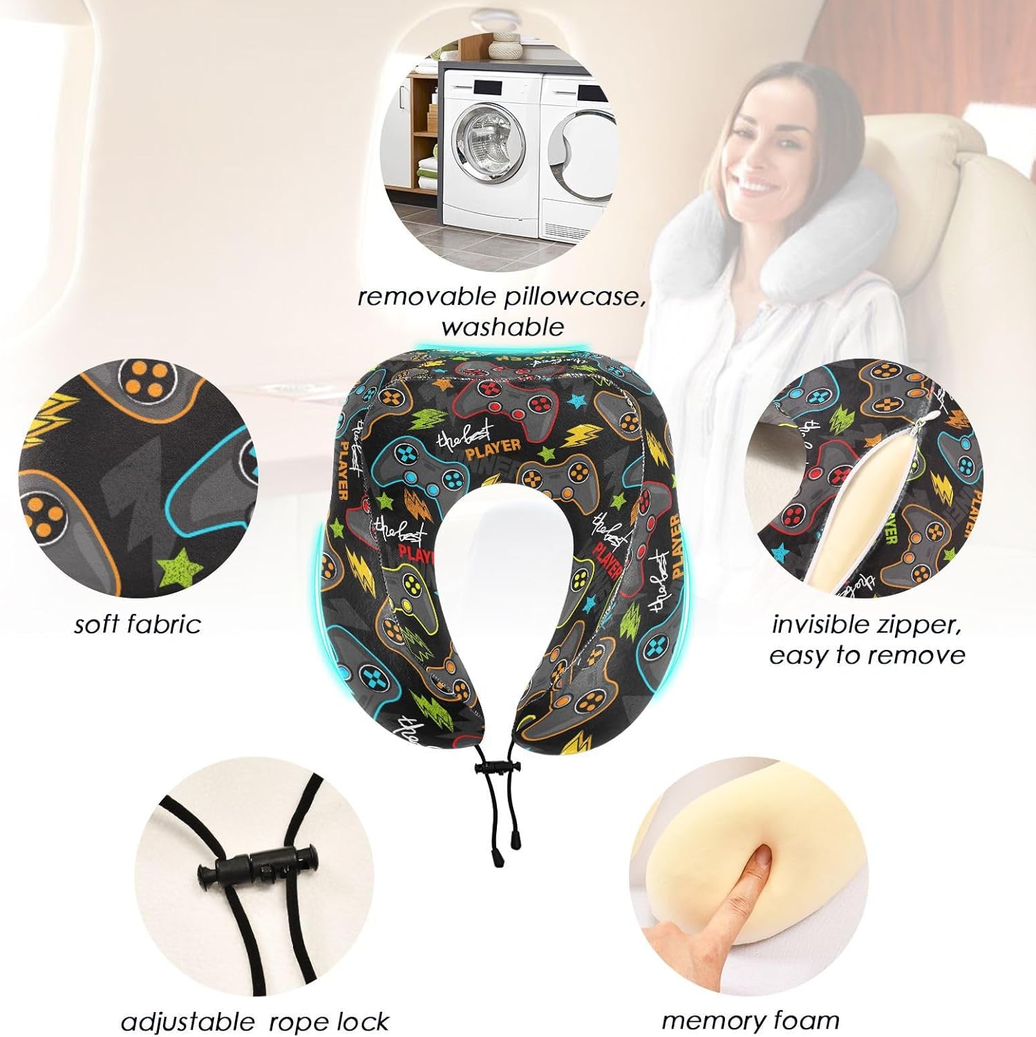 JIPONI Travel Pillow with Memory Foam and Snap Strap 1