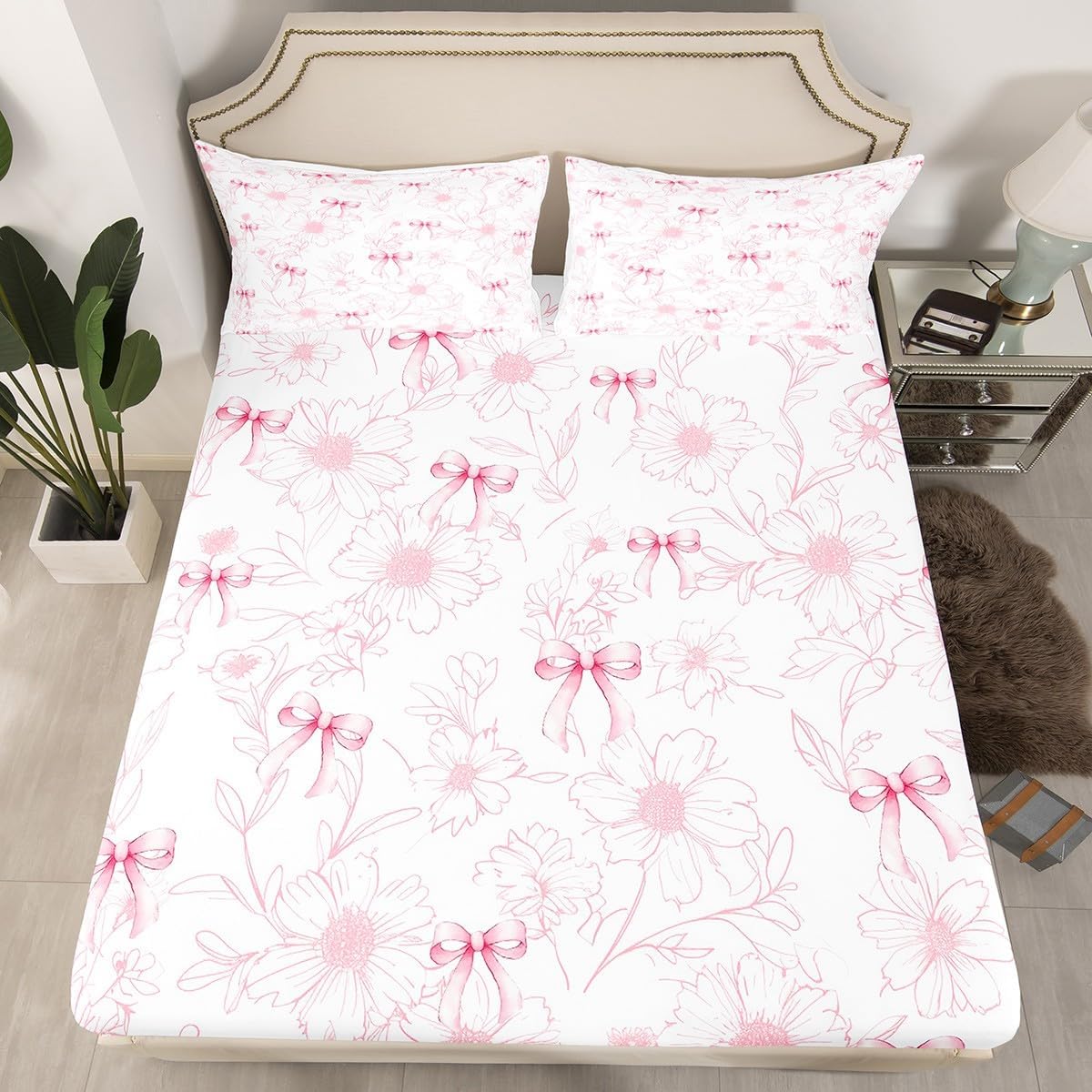 Pink Bow Fitted Sheet Set with Pillowcase