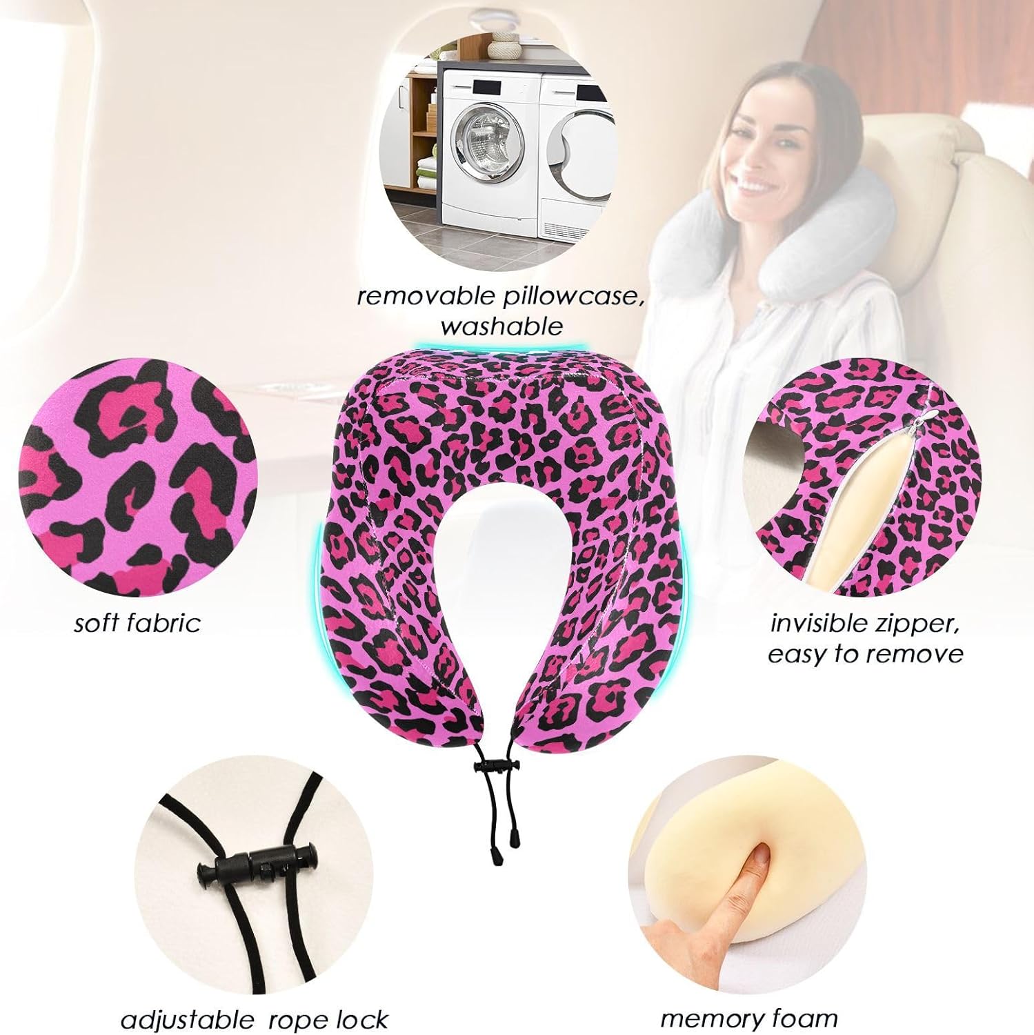 Sletend Pink Leopard Print Travel Neck Pillow