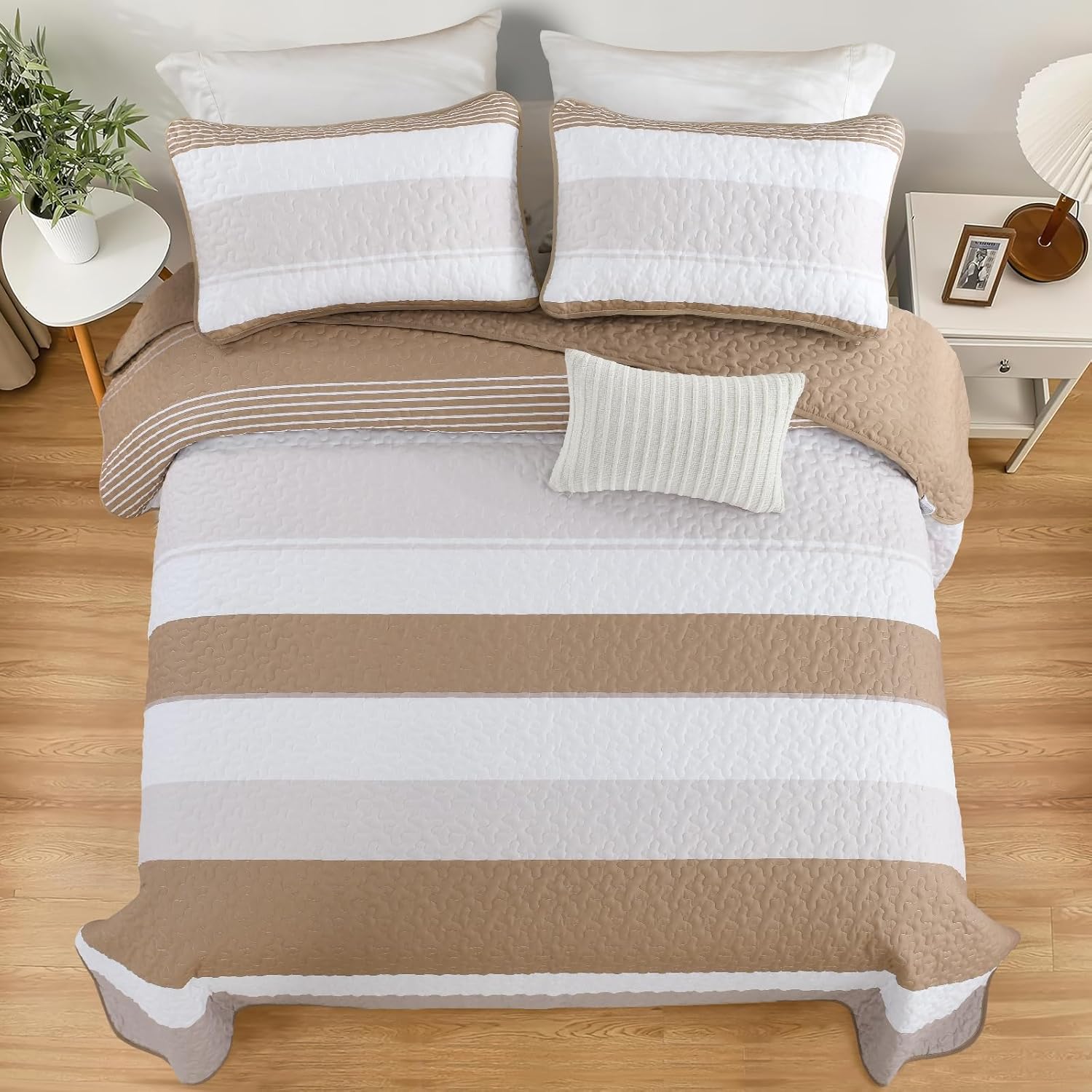 Dinjoy Boho Taupe Quilt Set Queen Size 3 Pieces