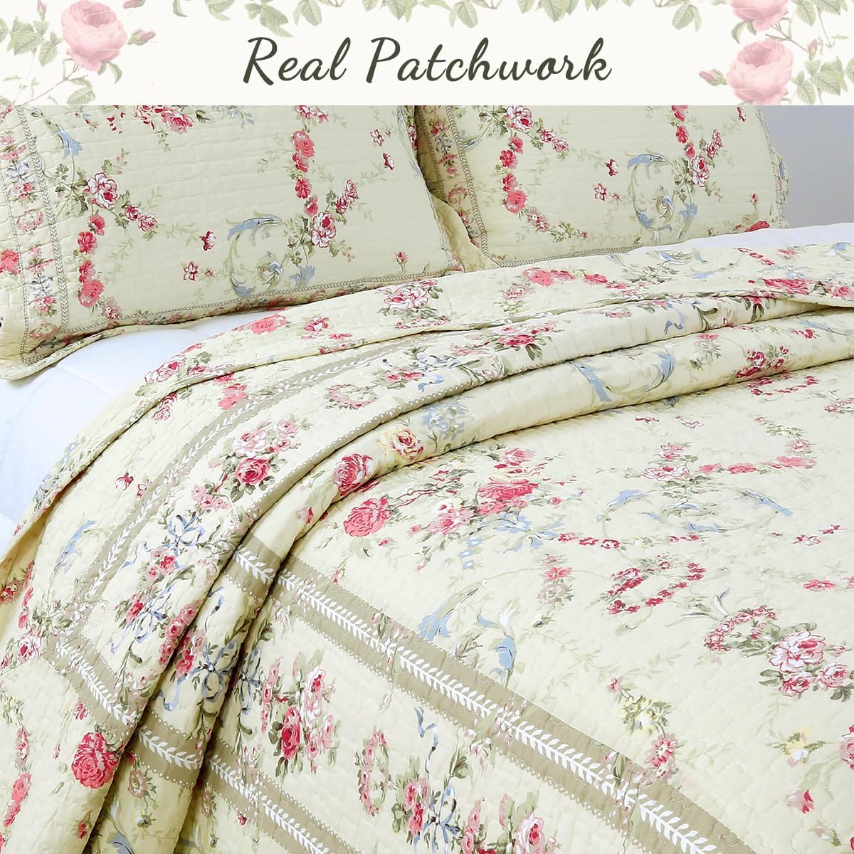 Cozy Line Khaki Cream Yellow Floral Reversible Quilt 3 Piece King Set