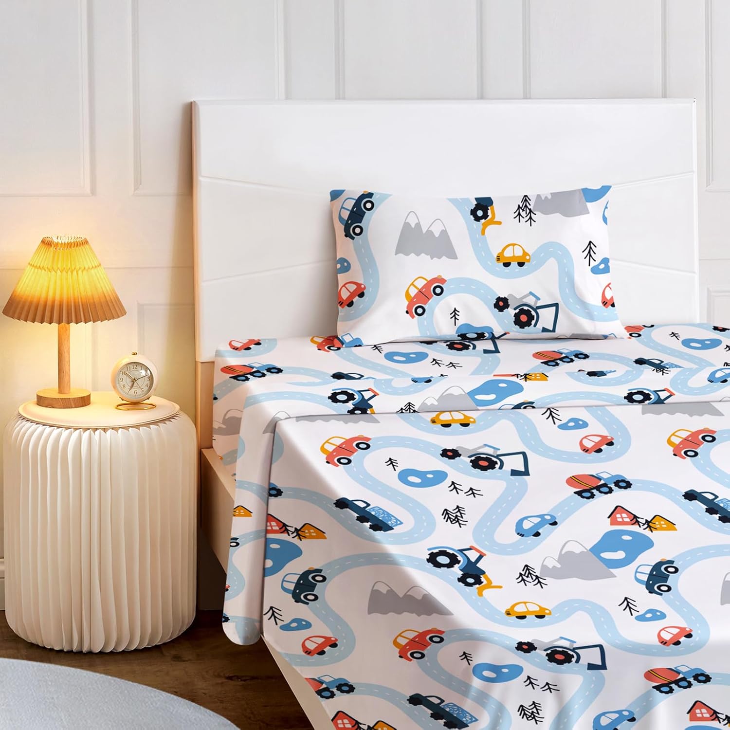 BYSURE Twin Sheets Set Kids Car Trace Blue 3 Pieces