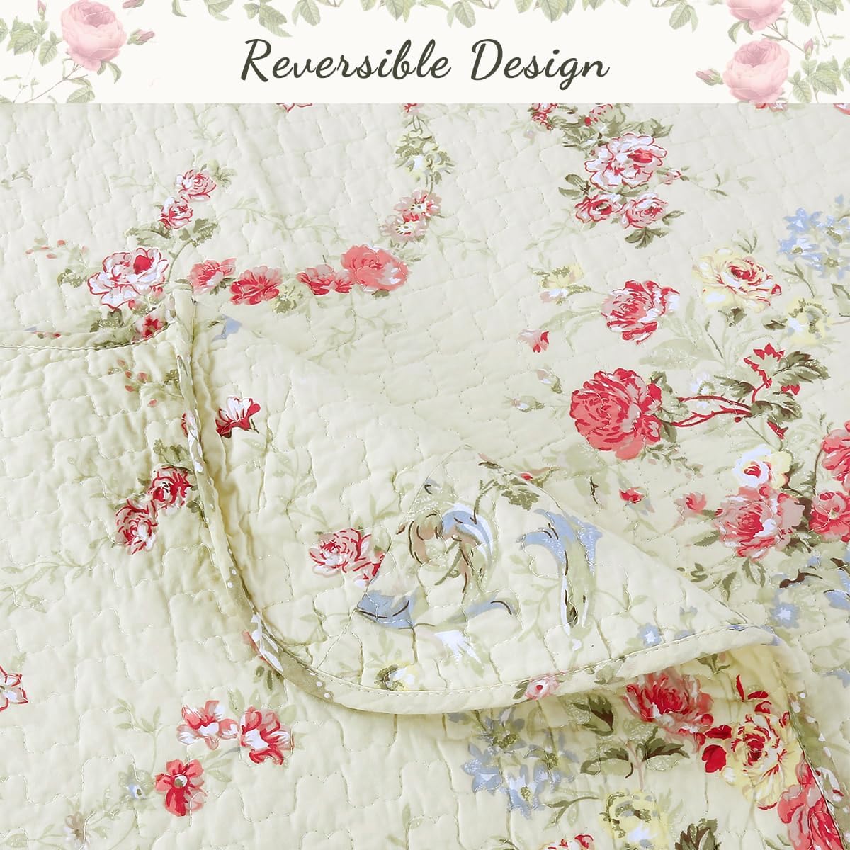 Cozy Line Khaki Cream Yellow Floral Reversible Quilt 3 Piece King Set