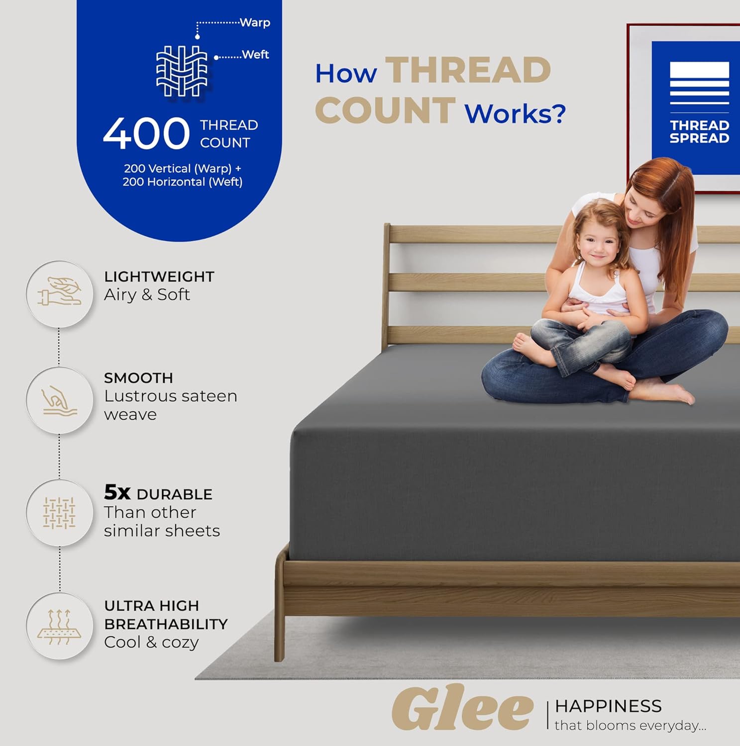THREAD SPREAD Twin XL Fitted Sheet - 400 TC Cotton Deep Pocket Dark Grey