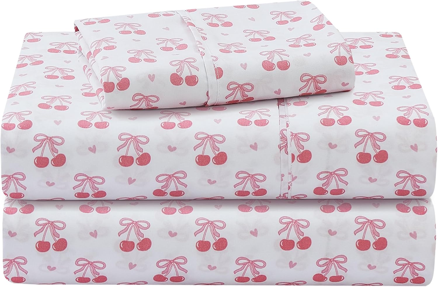 Viviland 3-Piece Pink Cherry Bow Twin Sheet Set