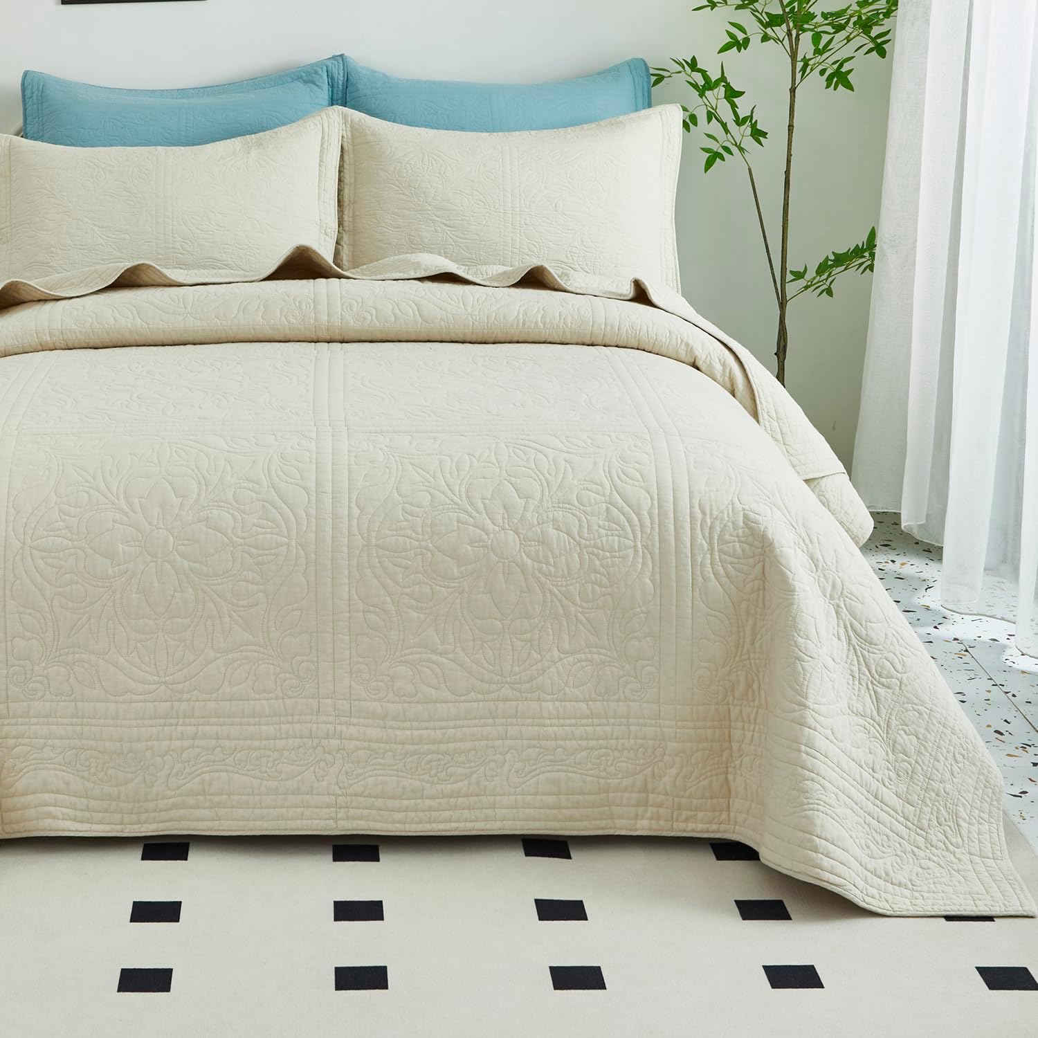 WINLIFE 100 Cotton Quilt Set Full Queen 90x98 Inch Beige