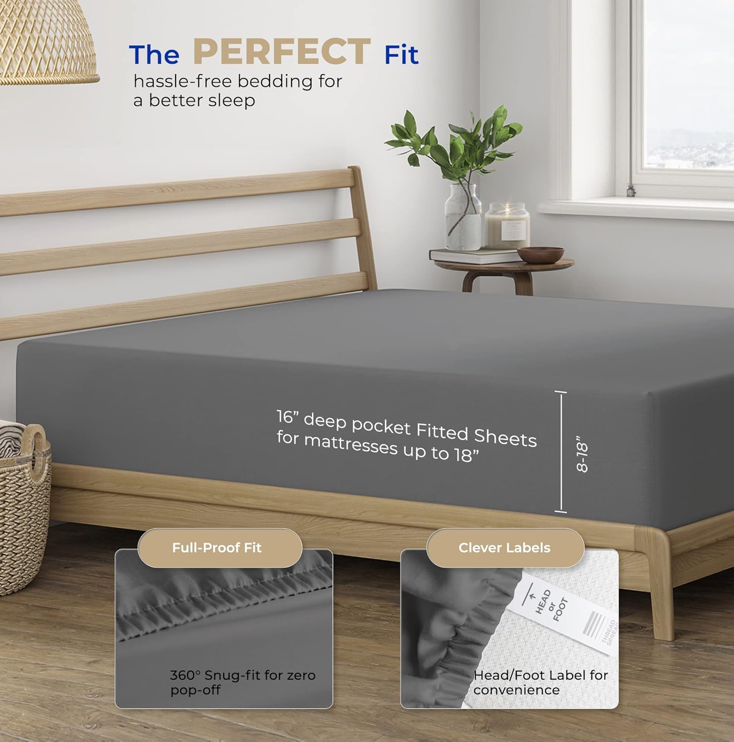 THREAD SPREAD Twin XL Fitted Sheet - 400 TC Cotton Deep Pocket Dark Grey