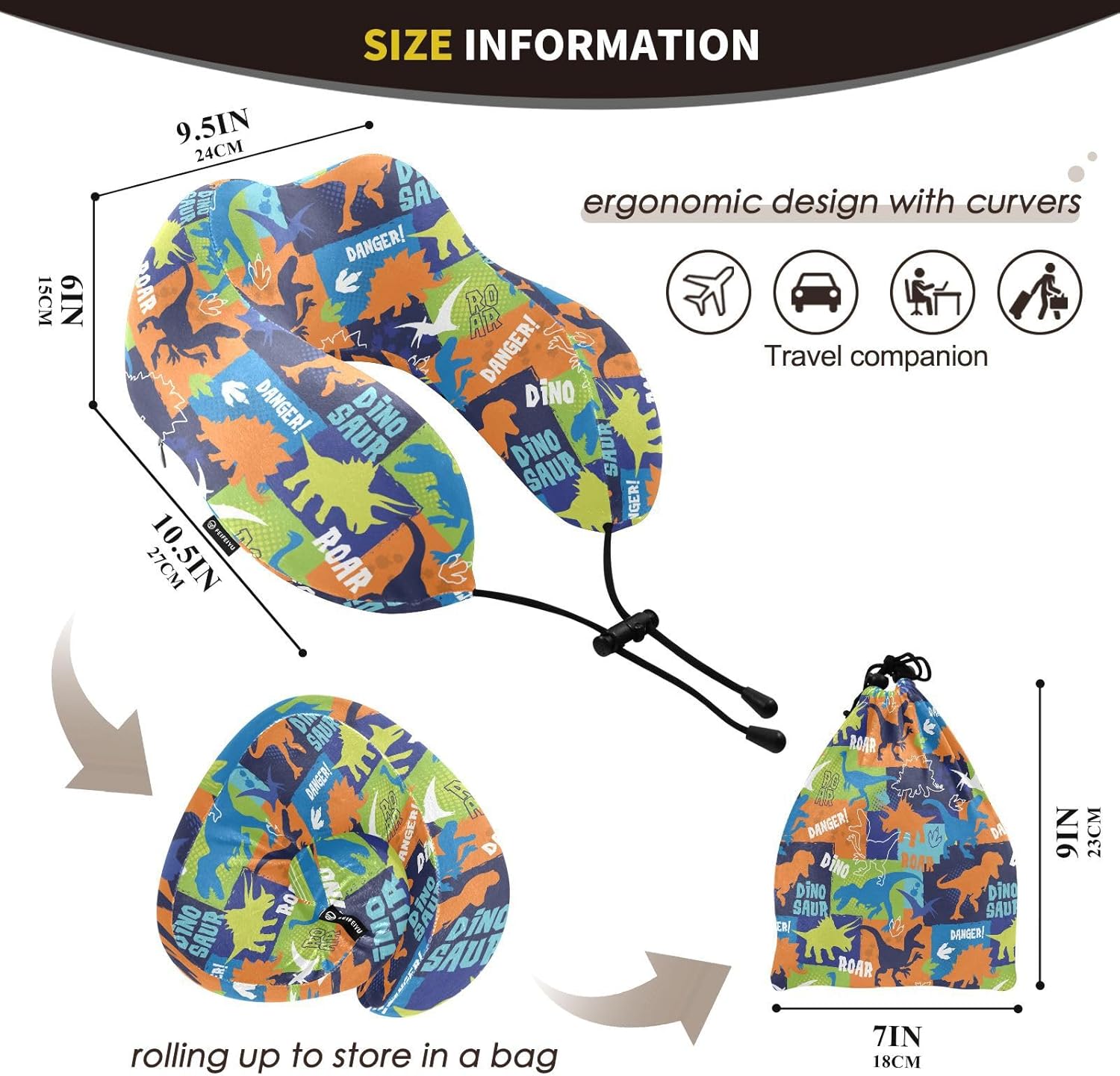 Sletend Bright Dinosaurs Travel Neck Pillow for Adults Kids