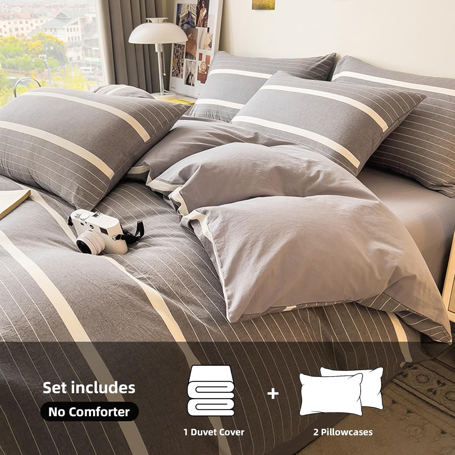 DCSKY Duvet Cover Set 3PCS Washed Cotton Striped Comforter