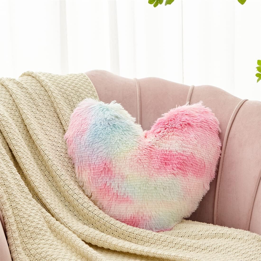 MOOWOO Fluffy Heart Pillow Rainbow Faux Fur Throw Decor 40x40cm