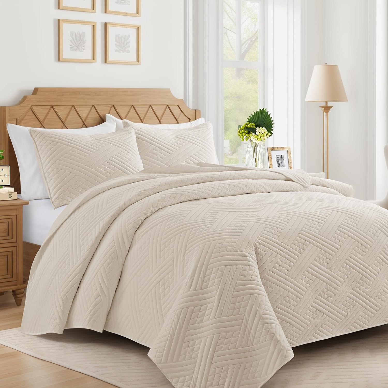Lavsiry Beige Stripe Quilt Set California King Size