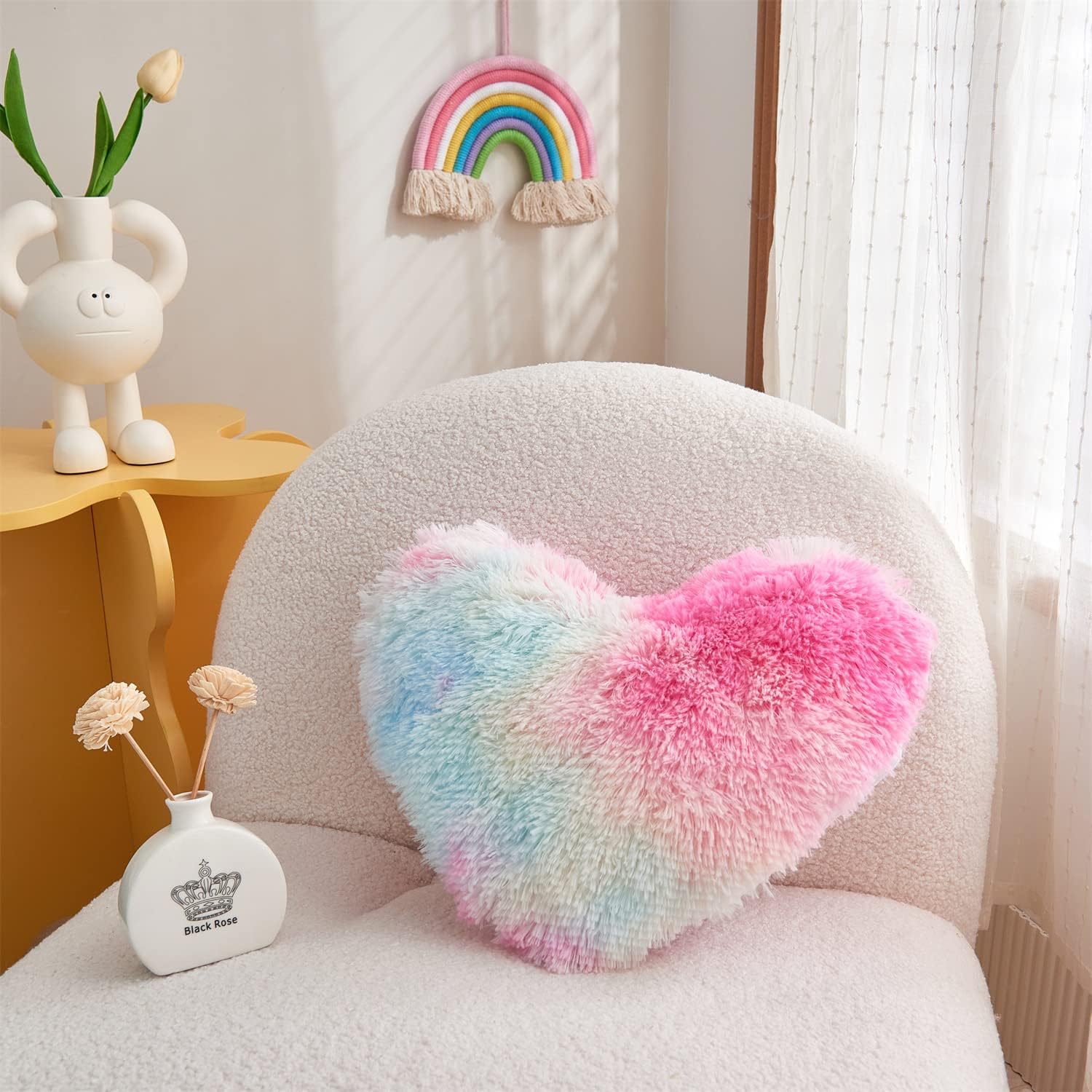 MOOWOO Fluffy Heart Pillow Rainbow Faux Fur Throw Decor 40x40cm