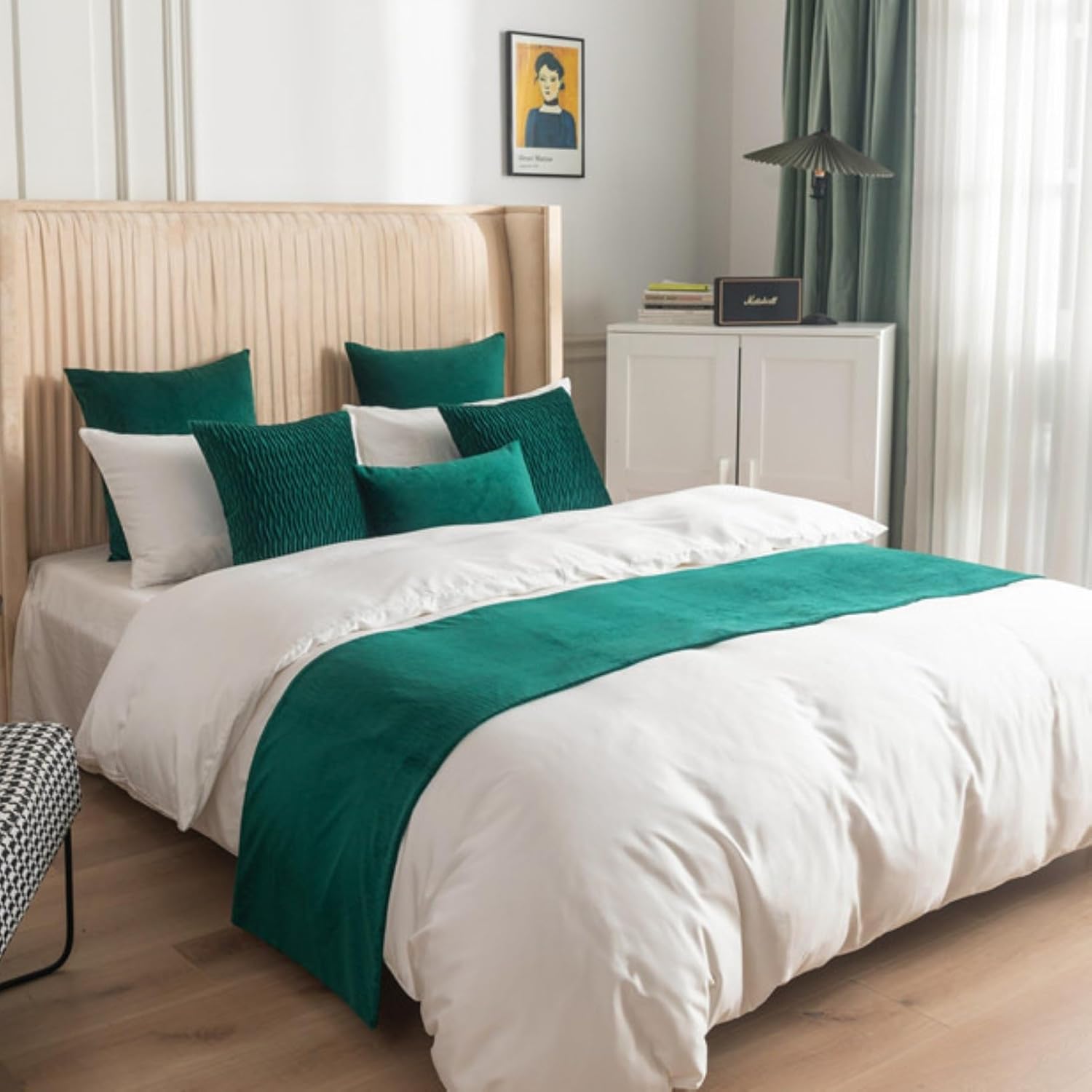 Velvet Bed Runner with Wave Pattern Emerald Green 45x210cm